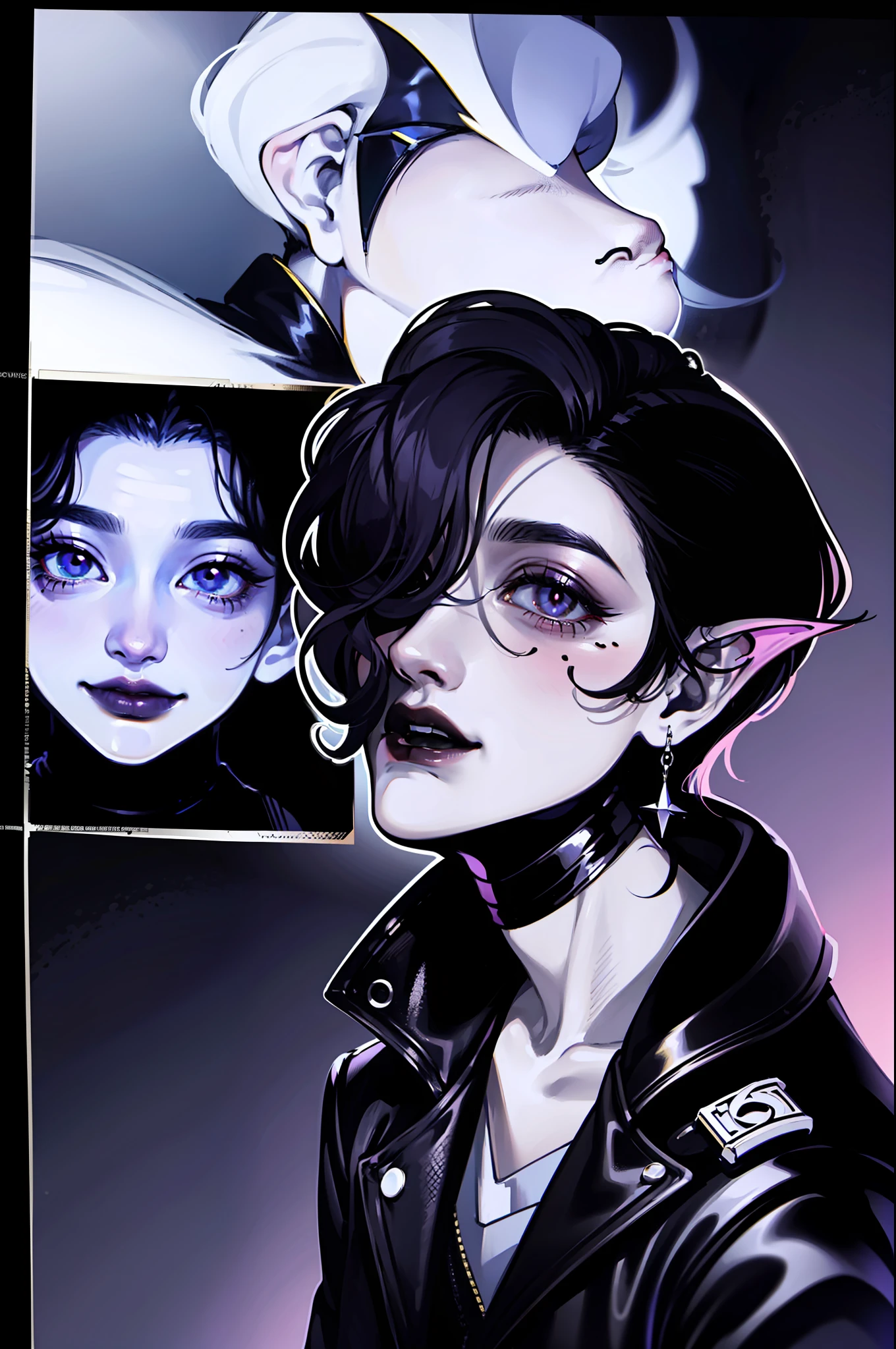 (ultra-detailed CG unity 8k wallpaper, Masterpiece, Best Quality, many intricate details),(Dark background, demonic reference),(1girl, Demon, dark skin, pale eyes, shaved temples, muscular body, leather jacket),(独奏),(femininity, Beautiful facial features, dark makeup, nose with a hump), One Girl, Dark background, purple lighting, burning empty eyes, Detailed Face, many details, Detailed eyes