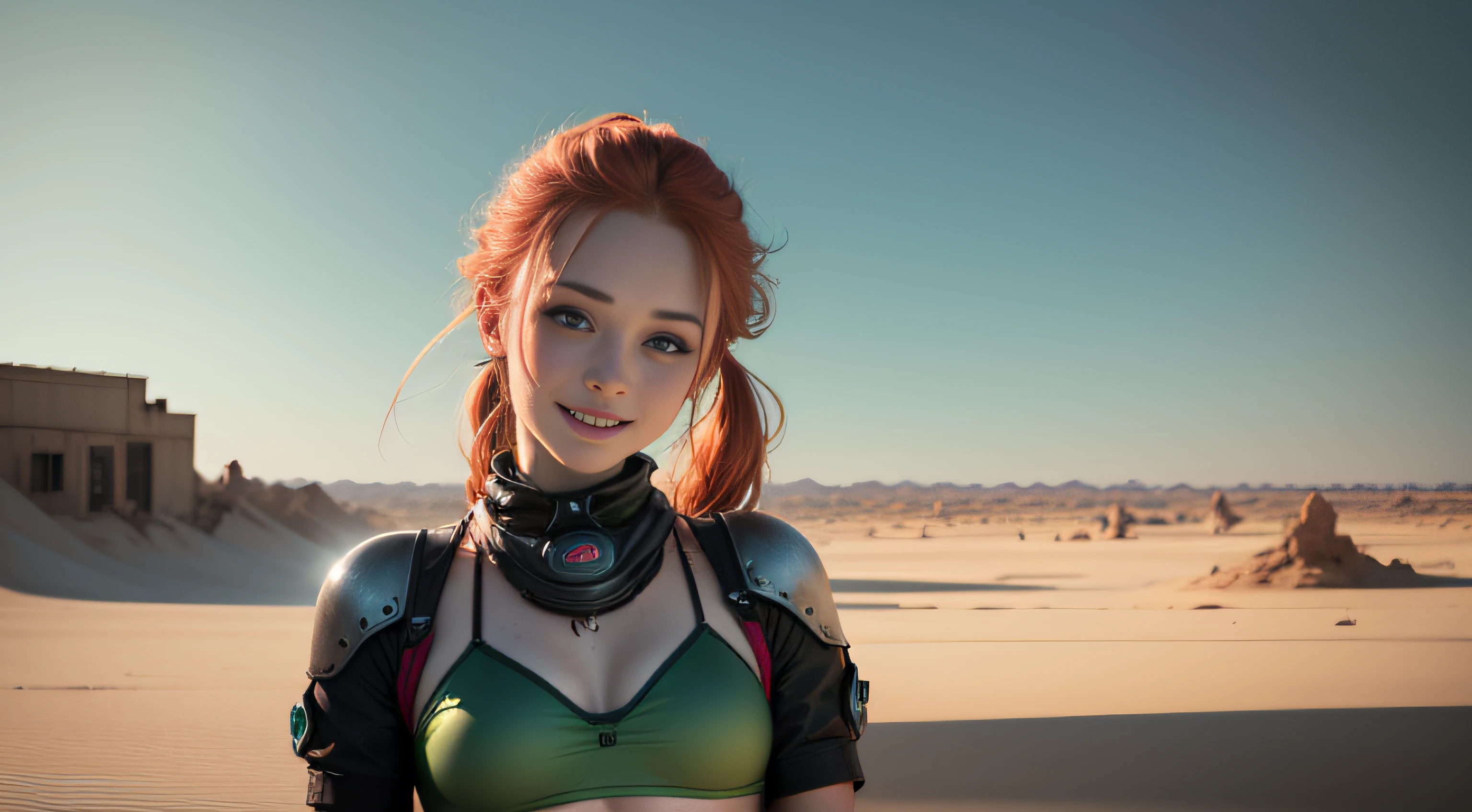 cute redhead woman in twin tails, multiple rainbow colored hair, sky-blue eyes, happy, Ukrainian, ite, pale skin, wearing a green metallic color bikini, post apocalyptic background, bleak barren desert, photo realistic woman. --auto