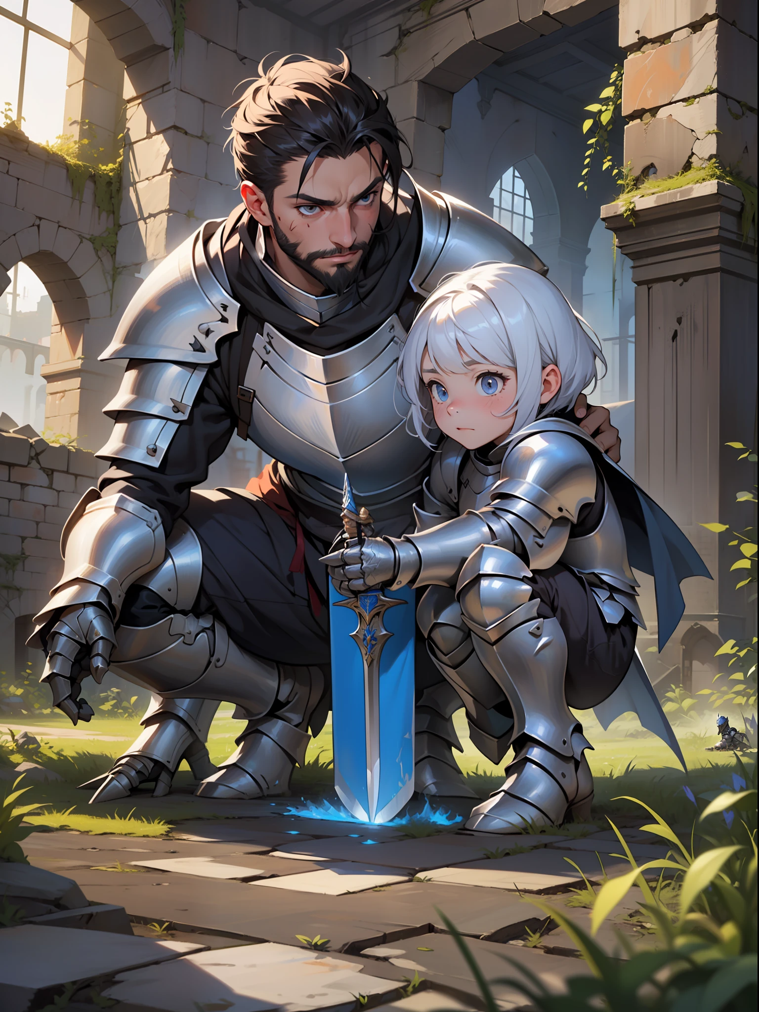 A high resolution, beste-Qualit, illutst, (details face), (detailedeyes), ultra hyper-detailed, 巨作,A male knight is protecting the princess、(a couple:1.4),short-haired、beard、Male knight and little princess full of wounds、Burned-down castle、Ruins、Magic Attacks、Legendary Sword、Silver armor、(Girl Behind Male Knight)、Shabby armor、(Adult knight standing in the way of a crouching child and arms outstretched:1.4)、Giant Monsters