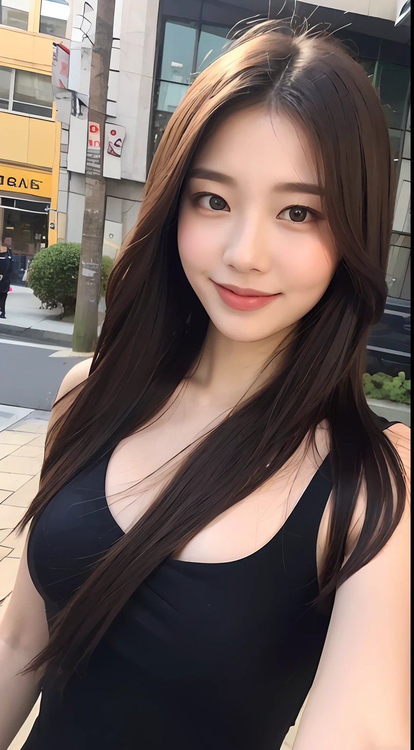 ((Best quality, 8k, Masterpiece :1.3)), 1girl, smiling, full body, slim face, Pretty woman, (Dark brown hair), full length dress :1.1, Ultra-detailed face, Detailed eyes, Double eyelid, blur background, slim face, city, outside, street,