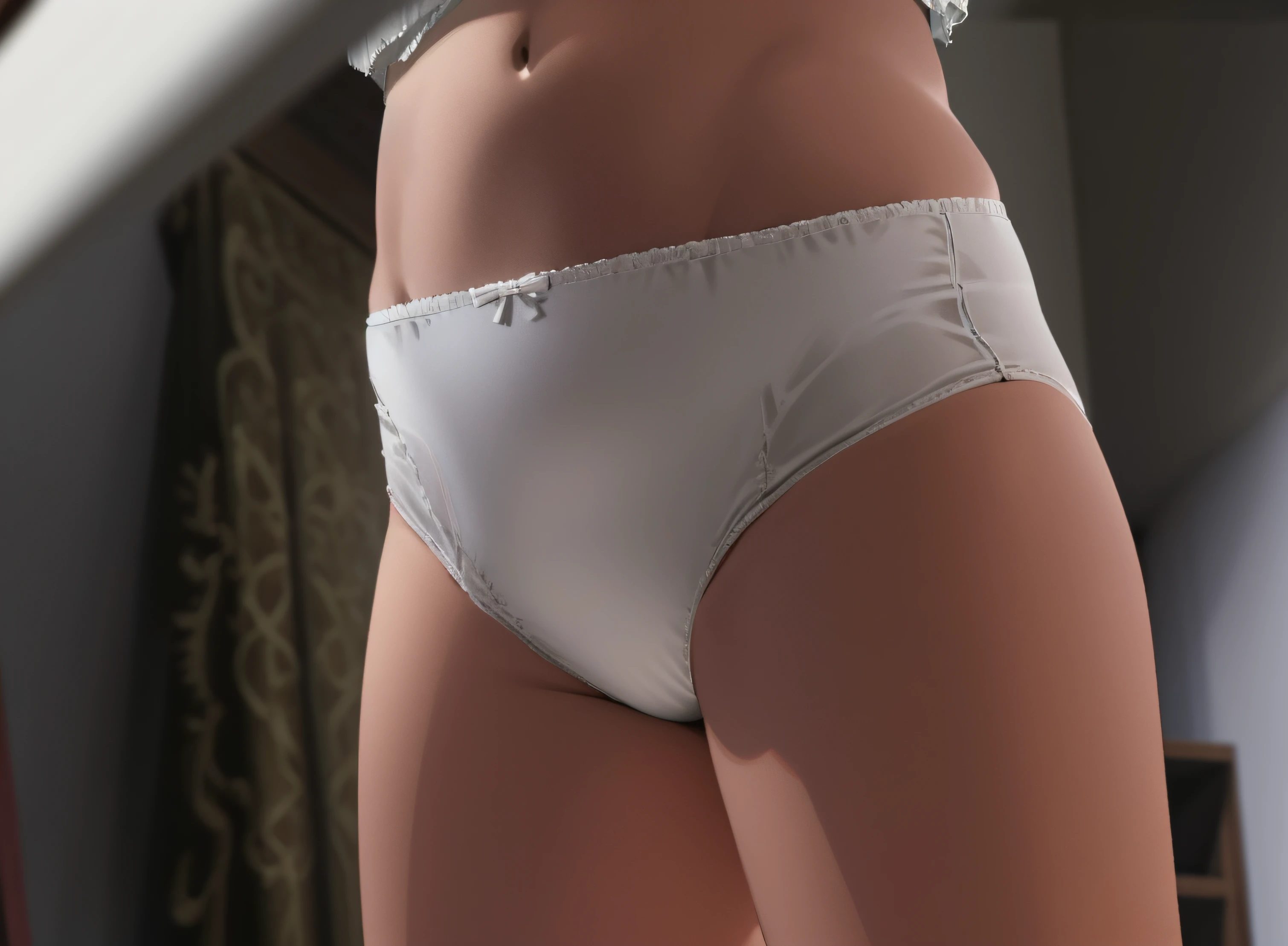 Plus-sized Caucasian woman, in big white panties, cropped shot, shot from below, at home, obscure view, hidden camera view, photo realistic, intricate details