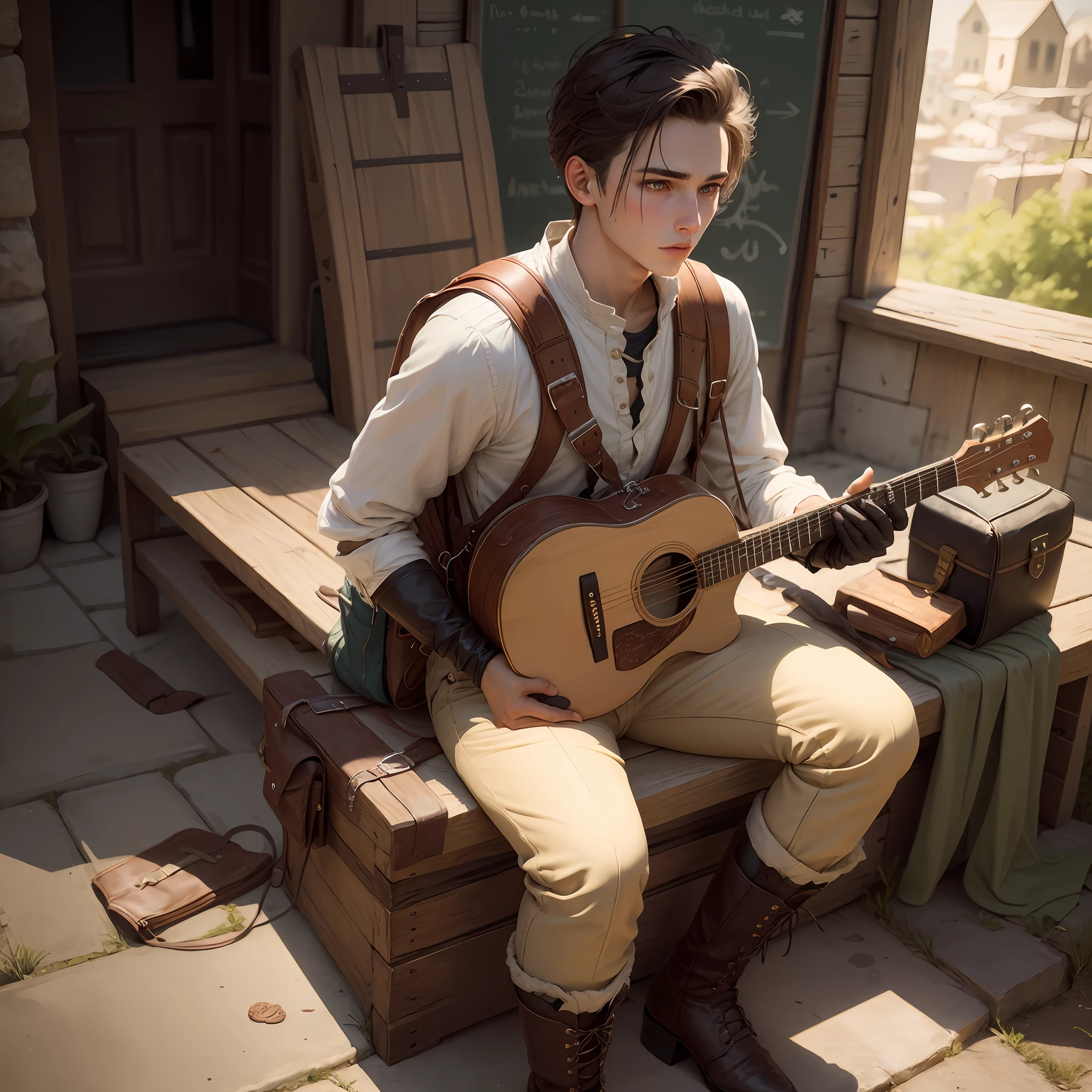 A 20 years old white human from Norseland whose's a Bard, wearing fine Gold and white clothes and a Leather armor, gloves and boots, carry a backpack and a Lute. --auto