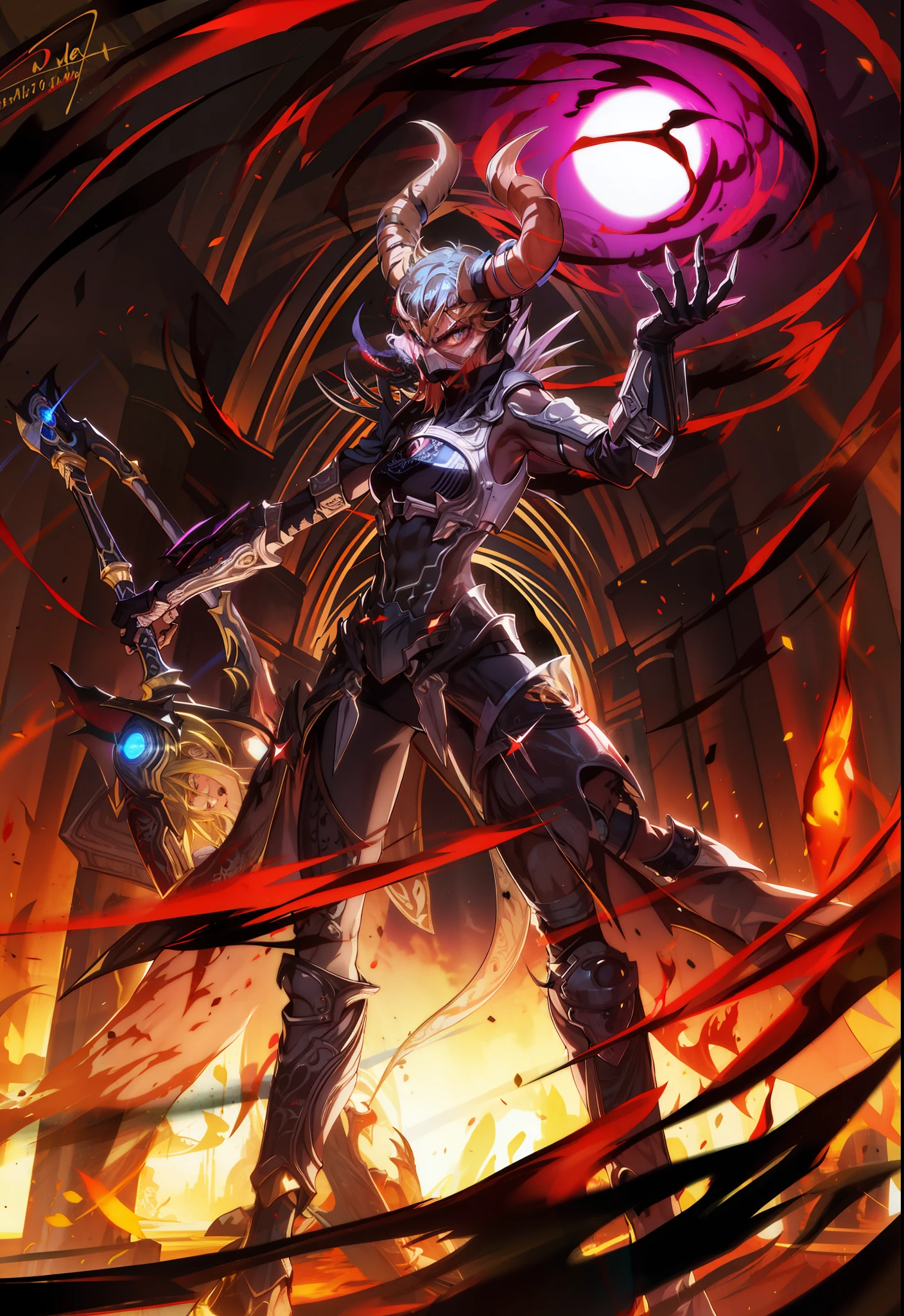 demonio masculino, segurando uma espada,4k, olhos amarelos, armadura negra, magia negra