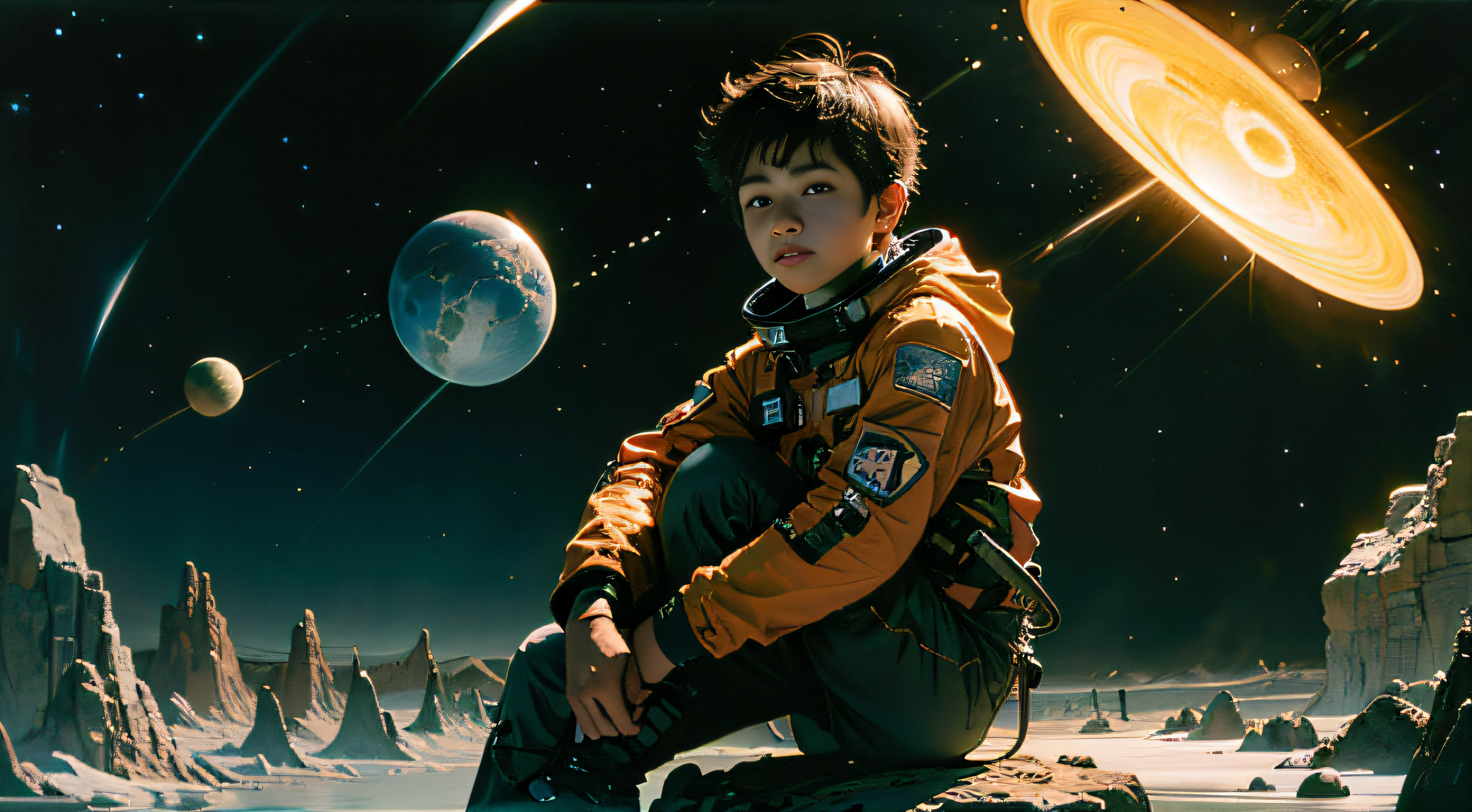 A cool  boy，The facial features are immature and resolute，big-eyed eyes，The expression is cool，Sit on a research platform floating in the middle of the asteroid belt，Surrounded by several asteroids that emit fiery rings，cinematlic lighting、Dark Boy，Dramatic illuminations from distant stars and planets illuminate the scene，Blockbuster movies，A deep shadow was cast on the spacesuit，Cool littleooks confident and determined，Look at the vast and mysterious universe with amazement and respect，Full of surprise，cowboy lens，Ultra HD resolution，offcial art，统一 8k 壁纸，hyper detailled，Beauty and aesthetics，hightquality，beatifull，masterpaintings，the best quality，（zentangle，a Mandala，Tangles，entangled：0.6）