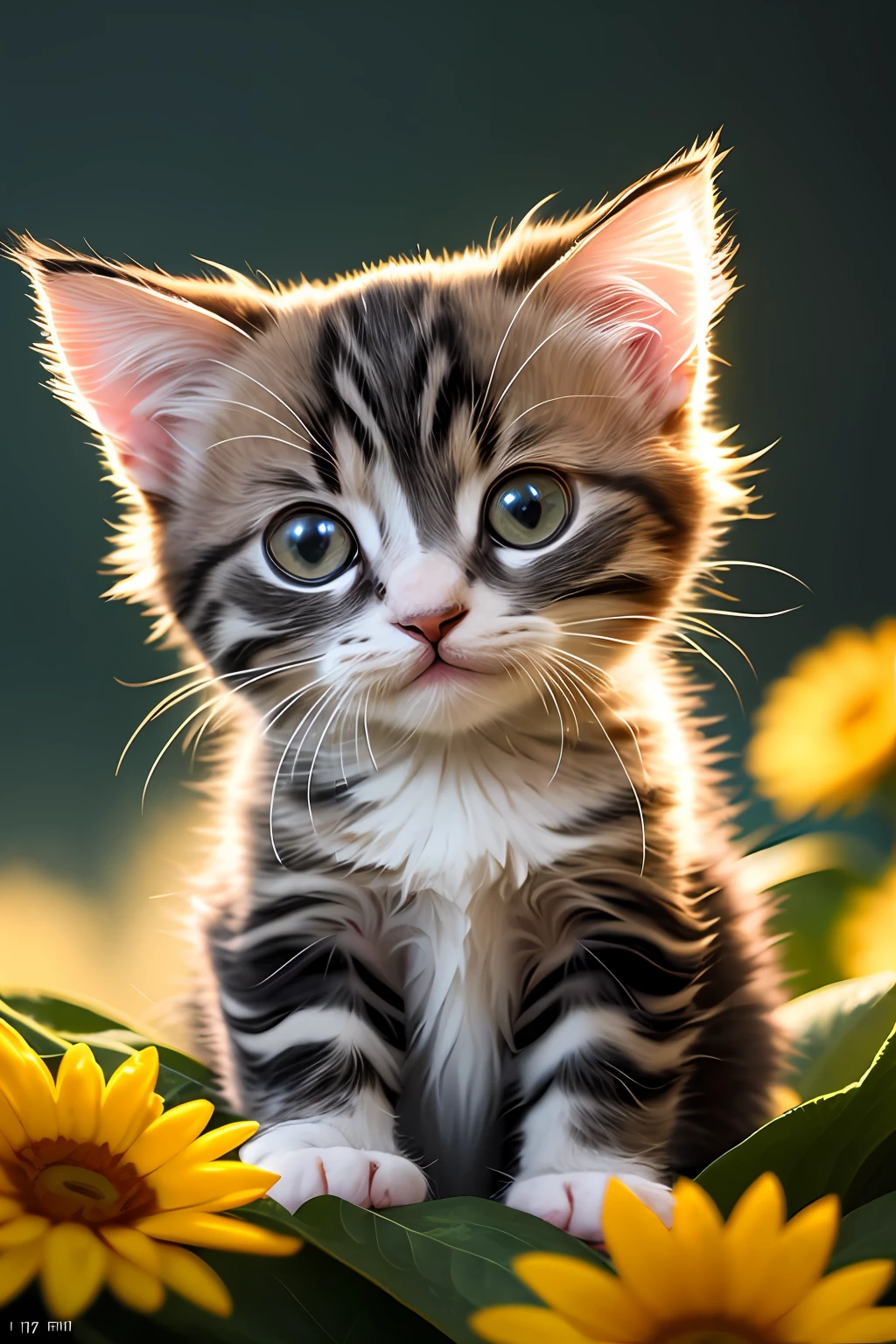 Very cute kitten、8k解像度、A high resolution、ultra hyper-detailed、Clearly focused on the highly detailed character design of the ultra high definition kitten。Rim Lights、softlight、When you use Sunflare、Adds depth and mood to your images。Fluffy foggy bright golden floral background with subtle fog effect、Adding a touch of mystery to the illustrations。Vivid colors are、Emphasizing the fluff and character of the kitten、Must be used to bring the kitten to life。