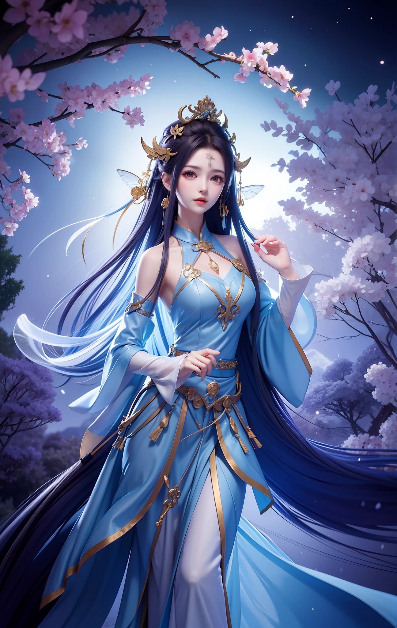 Sword girl in blue dress before the full moon, fairy tale fantasy, anime girl with long hair and blue skirt, beautiful girl with a crown ((a beautiful fantasy empress)), full body fairy swordsman, palace, girl in Hanfu, inspired by Lan Ying, fairy tale fantasy, fairy swordsman, Kurosawa Nishiya, beautiful figure painting