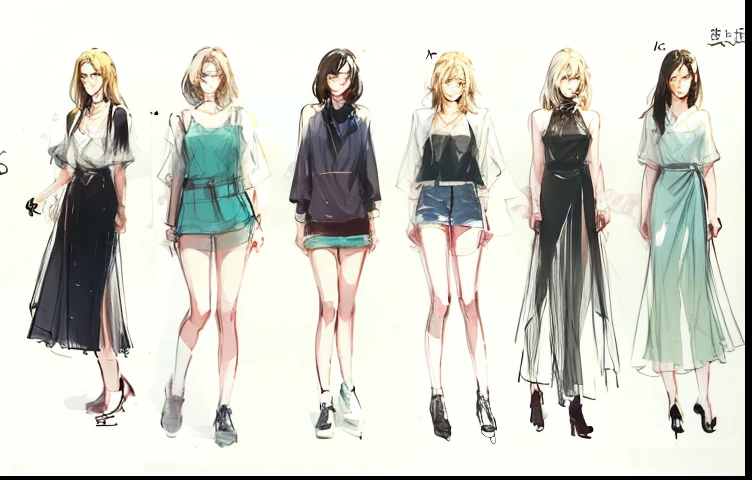 sketches of a fashion line of women in different outfits, fashion design,cowboy clothes, author：Yasutomo Oka, fashion concept art, fashion designer, fashion study, author：Yuki Ogura, style anime, Blue clothing, clothing design, style of james jean, designer fashion, Fashional clothing, clothing design, Dark blue clothes, Inspired by Ma Yuanyu