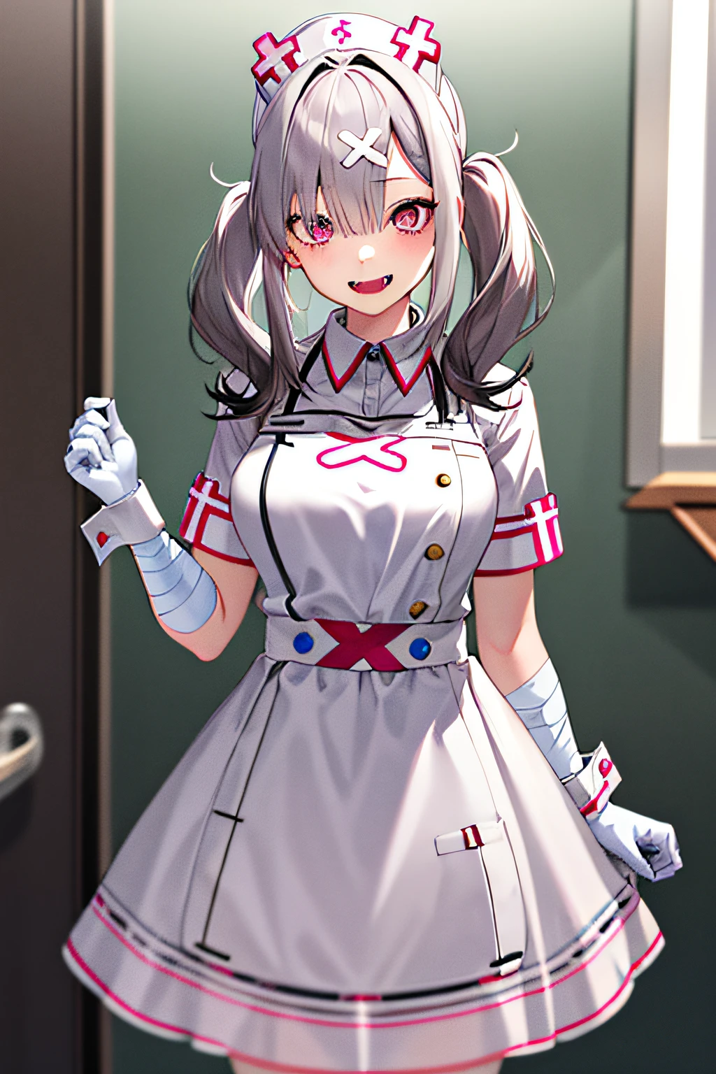 masterpiece, best quality, highres, sk1, white gloves, bandages, white apron, short sleeves, nurse, bandaged arm, wrist cuffs, white dress, fangs, cowboy shot, standing,