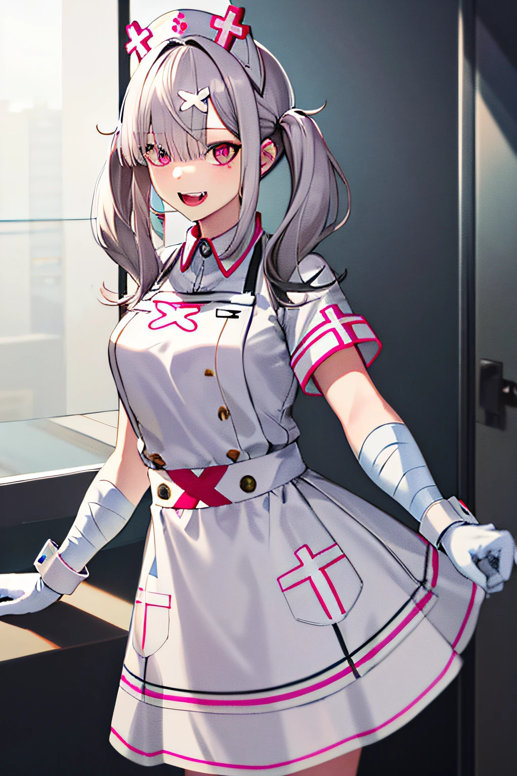 masterpiece, best quality, highres, sk1, white gloves, bandages, white apron, short sleeves, nurse, bandaged arm, wrist cuffs, white dress, fangs, cowboy shot, standing,