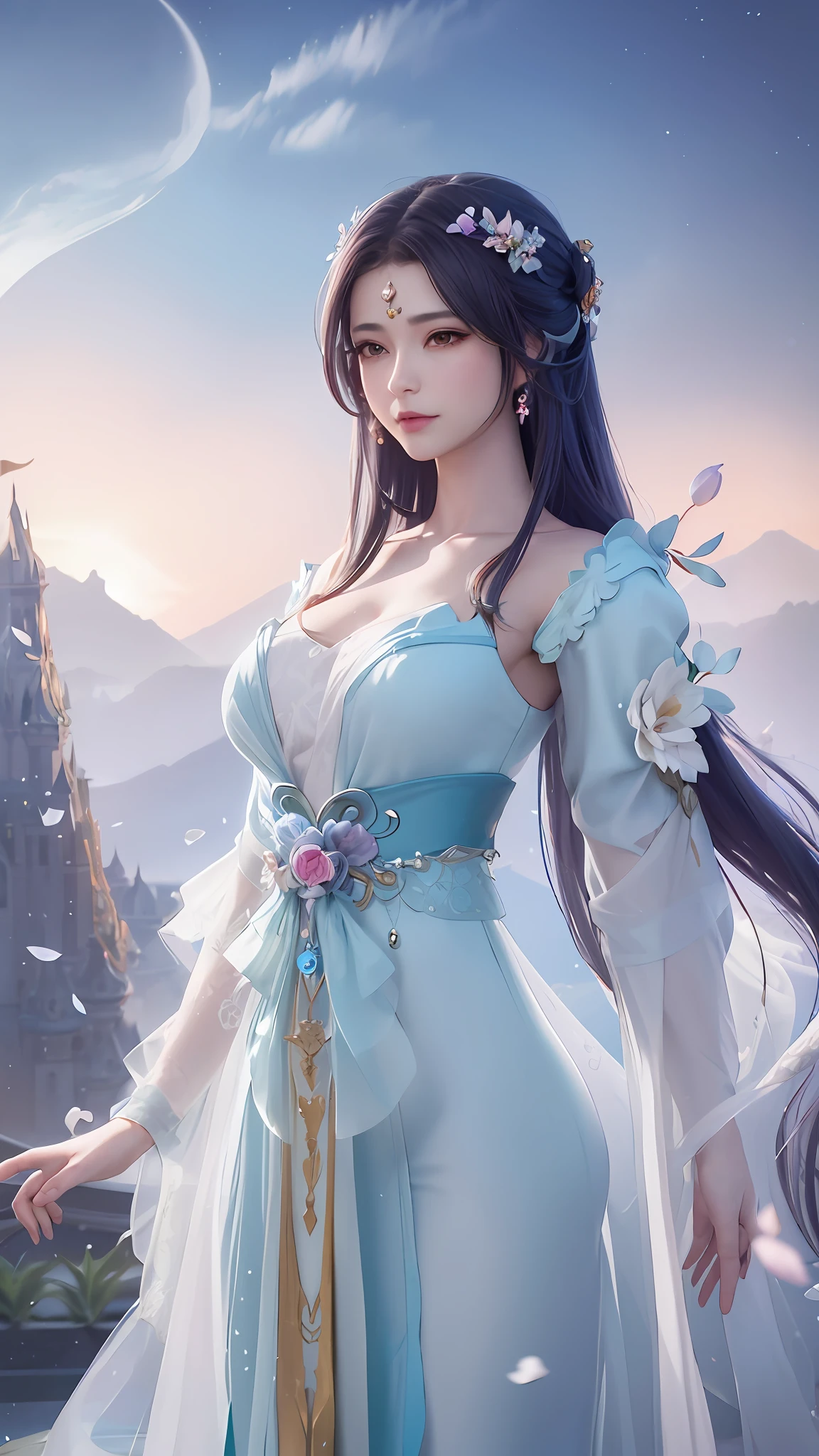 a close up of a woman in a blue dress with flowers in her hair, beautiful character painting, a beautiful fantasy empress, palace , a girl in hanfu, beautiful fantasy art, 8k high quality detailed art, 2. 5 d cgi anime fantasy artwork, beautiful fantasy maiden, fantasy art style, trending on cgstation, artwork in the style of guweiz