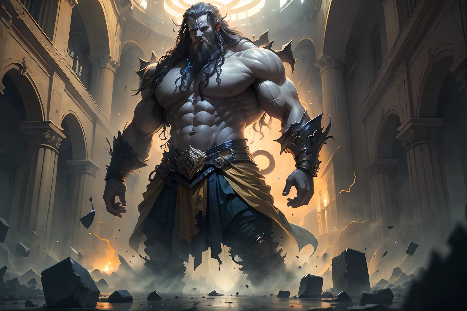 The oil painting depicts Samson, a biblical character, em uma cena impressionante e poderosa. Samson is positioned between two destroyed wall columns, symbolizing their strength and impending doom. The scene is illuminated by rays of sunshine that pierce through the cracks of the walls, creating a striking contrast with the surrounding darkness.
Samson, with his imposing figure and sculpted muscles, Raise your mighty arms, demonstrating his incredible physical strength. Her long, loose hair dances in the air, representing your connection to divinity. His gaze is determined and fierce, demonstrating their determination to fulfill their destiny.
The surrounding walls are in ruins, with broken stones and debris strewn across the ground. The environment seems chaotic, as if the structure itself was giving way under Samson's formidable force. The details of the cracks and stone fragments emphasize the magnitude of Samson's destructive power.
The painting conveys a sense of intense and impending energy. Samson's imposing posture among the shattered columns reveals his connection to impending doom. The light of the sun's rays that pass through the cracks of the walls underscores its importance and central role in this moment of great significance.
Through this work, the painting captures the essence of Samson's story, emphasizing its outsized strength and its role as a divine instrument of justice and revenge. The image conveys a sense of power and triumph, while evoking a sense of impending tragedy, for Samson is aware of the consequences of his actions. --auto