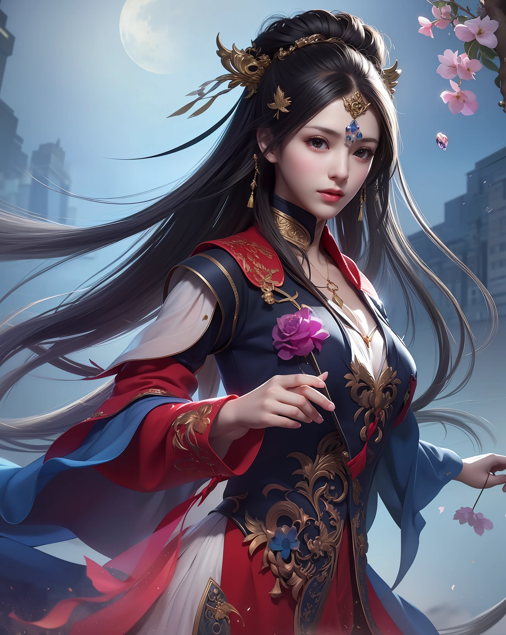 (8k, RAW photo:1.2), best quality, ultra high res,dramatic angle,(fluttered detailed color splashs), (illustration),(((1 girl))),(long hair),(rain:0.9), (头饰:1.4),少女身边有一座古宫,汉服,(重点),彩色水墨画,(泼彩),泼彩,(((colorful))),(素描:0.8) , Masterpiece, best quality, beautiful painted, highly detailed,(denoising:0.6),[splash ink],((ink refraction)), (beautiful detailed sky),moon,highly,detaild,(masterpiece, best quality, extremely detailed） CG unity 8k壁纸，杰作，最好的质量，超详细），（石蒜），