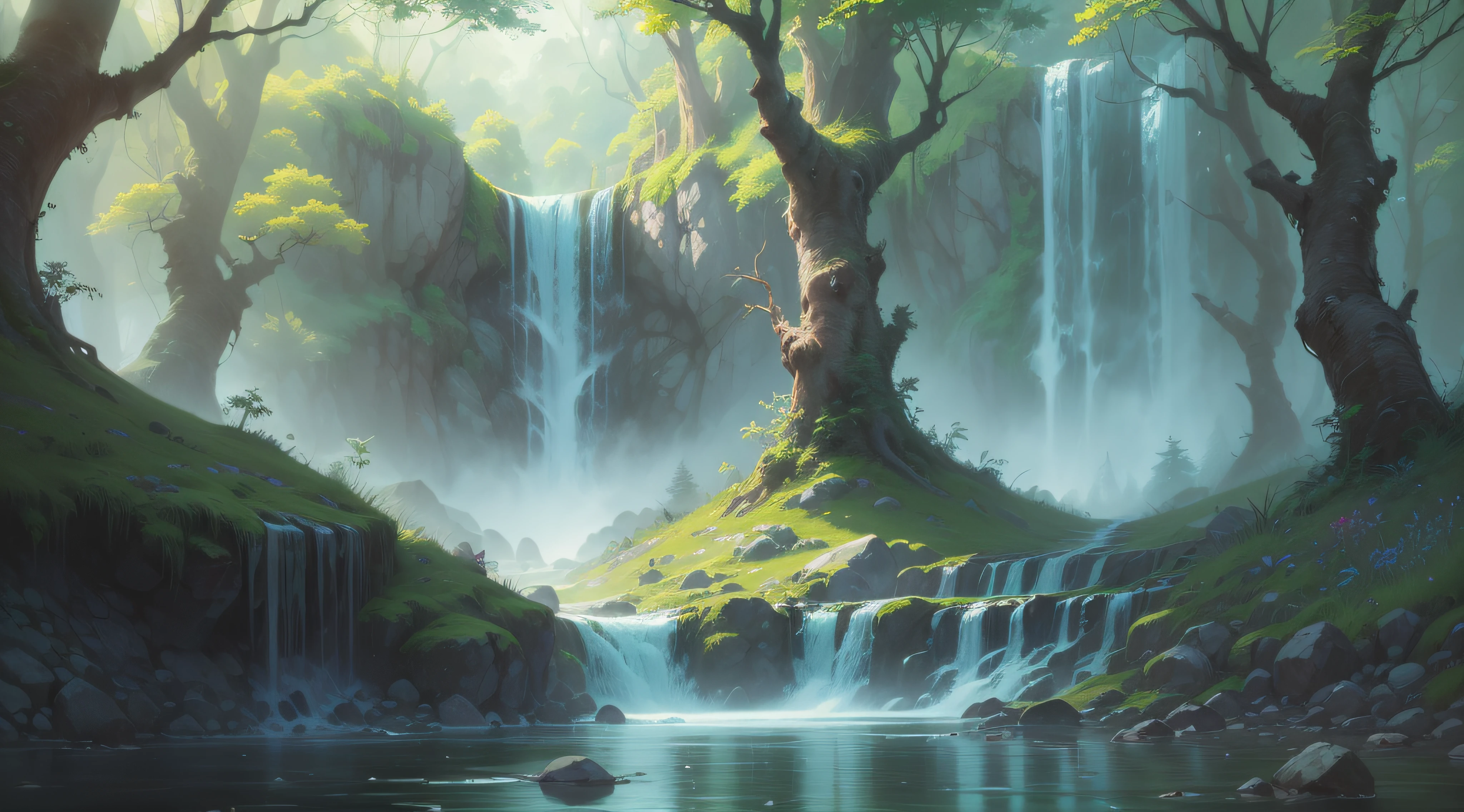 (A magical forest with a stream and high waterfalls.:1.1), motor irreal, cinematiclighting, arte conceitual, chiaroscuro, profundidade de campo, UHD, ((super detalhe, alta qualidade, melhor qualidade, preciso, 16k)),1772Pixel-1280Pixel, natural scenery, fora, HDR, ornamentado, alto detalhe, detalhes intrincados, hiperdetalhado:1.15, fundo detalhado, Water and paint, (estilo de (Greg Rutkowski:1.0) e (Darek Zabrocki:0.8) e (Andreas Rocha:0.8):1.2),