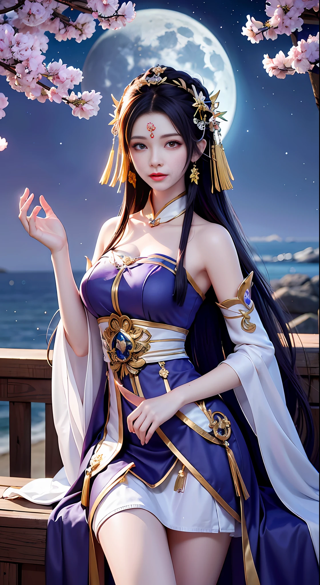 the moon, moon light, fullmoon, night, Deep blue sky, violet, Lilac clothes, chest length skirt, with long black hair, Long hair and waist, beautiful maiden, God, divinity, white headpiece, Sit on the railing, violin, twin braids, hair strand, diagonal bangs, hair ribbon, hair ornament, forehead jewel, jeweled branch of hourai, crescent hair ornament, fish hair ornament, god rays, sparkle, cinematic lighting, lens flare, UHD, high details, high quality, highres, best quality, 8k, 16k, high details, high quality, super detail, anatomically correct, masterpiece, ccurate