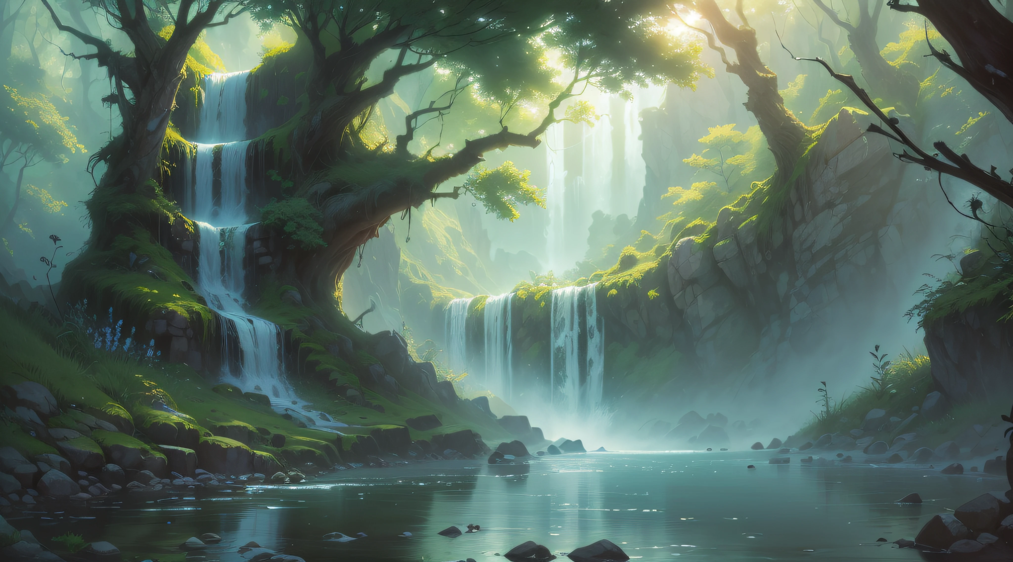 (A magical forest with a stream and high waterfalls.:1.1), motor irreal, cinematiclighting, arte conceitual, chiaroscuro, profundidade de campo, UHD, ((super detalhe, alta qualidade, melhor qualidade, preciso, 16k)),1772Pixel-1280Pixel, natural scenery, fora, HDR, ornamentado, alto detalhe, detalhes intrincados, hiperdetalhado:1.15, fundo detalhado, Water and paint, (estilo de (Greg Rutkowski:1.0) e (Darek Zabrocki:0.8) e (Andreas Rocha:0.8):1.2),