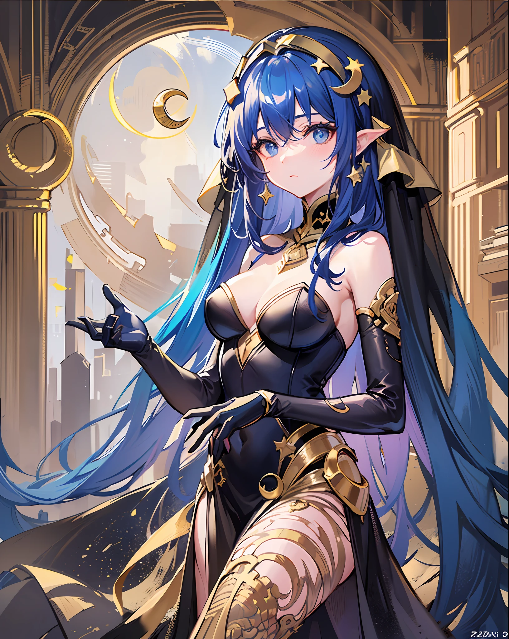 (Golden Ratio:1.2),[(white background:1.4)::10],(masterpiece), (best quality), (ultra detailed),(disheveled hair),(illustration),(1girl:1.3),solo,blue hair,innor color yellow of hair,(blue eyes),(star headband:1.2)+( crescent moon hair clip:1.3),(The black dress is embellished with golden stars:1.3)+( the dark blue silk veil:1.3)+(the shawl with the sun totem:1.3),Gothic style architecture ruins,(standing on broken stone:1.2)+(zodiac signs in space:1.3)+[(Inception:1.2)]