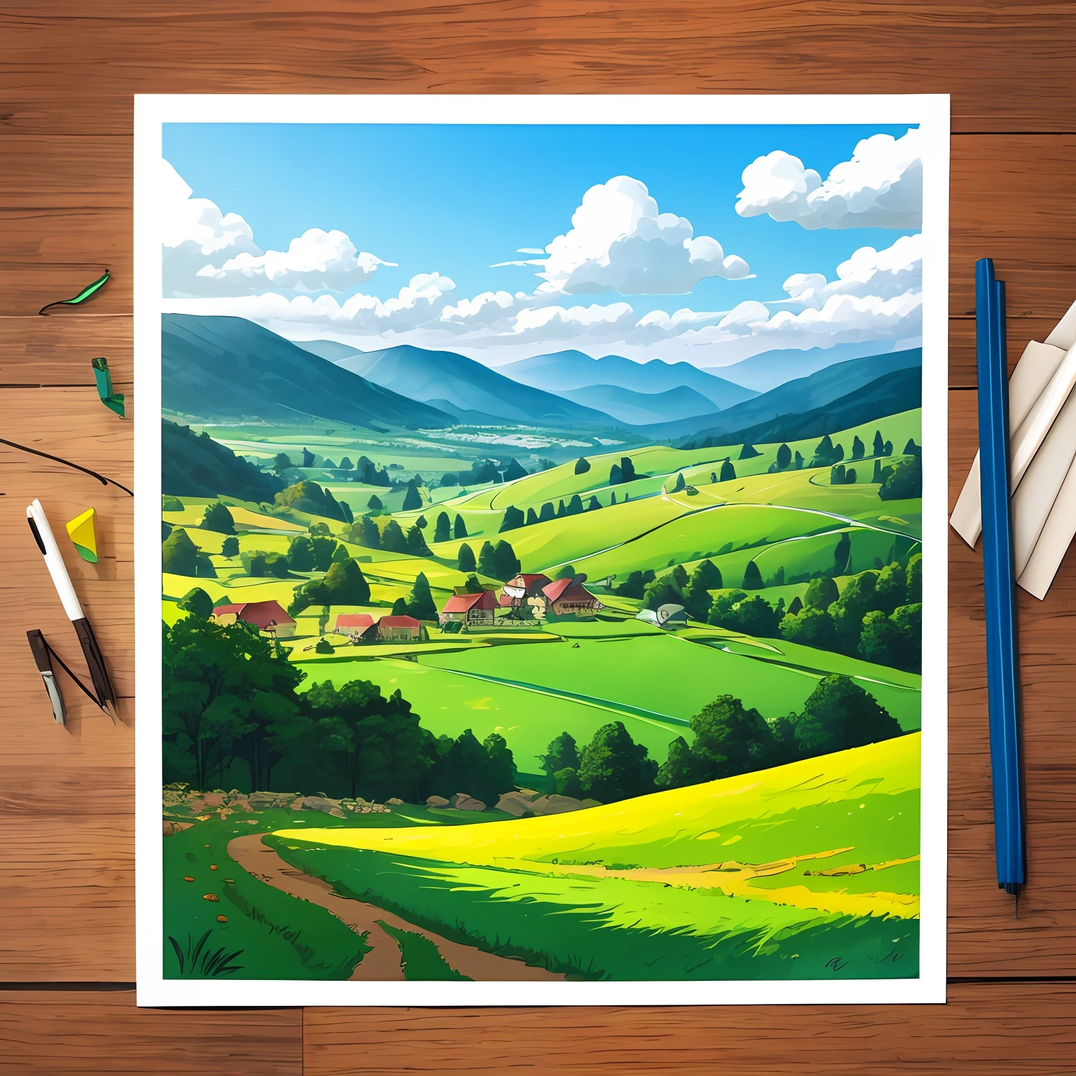 Generate an A4-sized illustration of a fresh summer landscape --auto