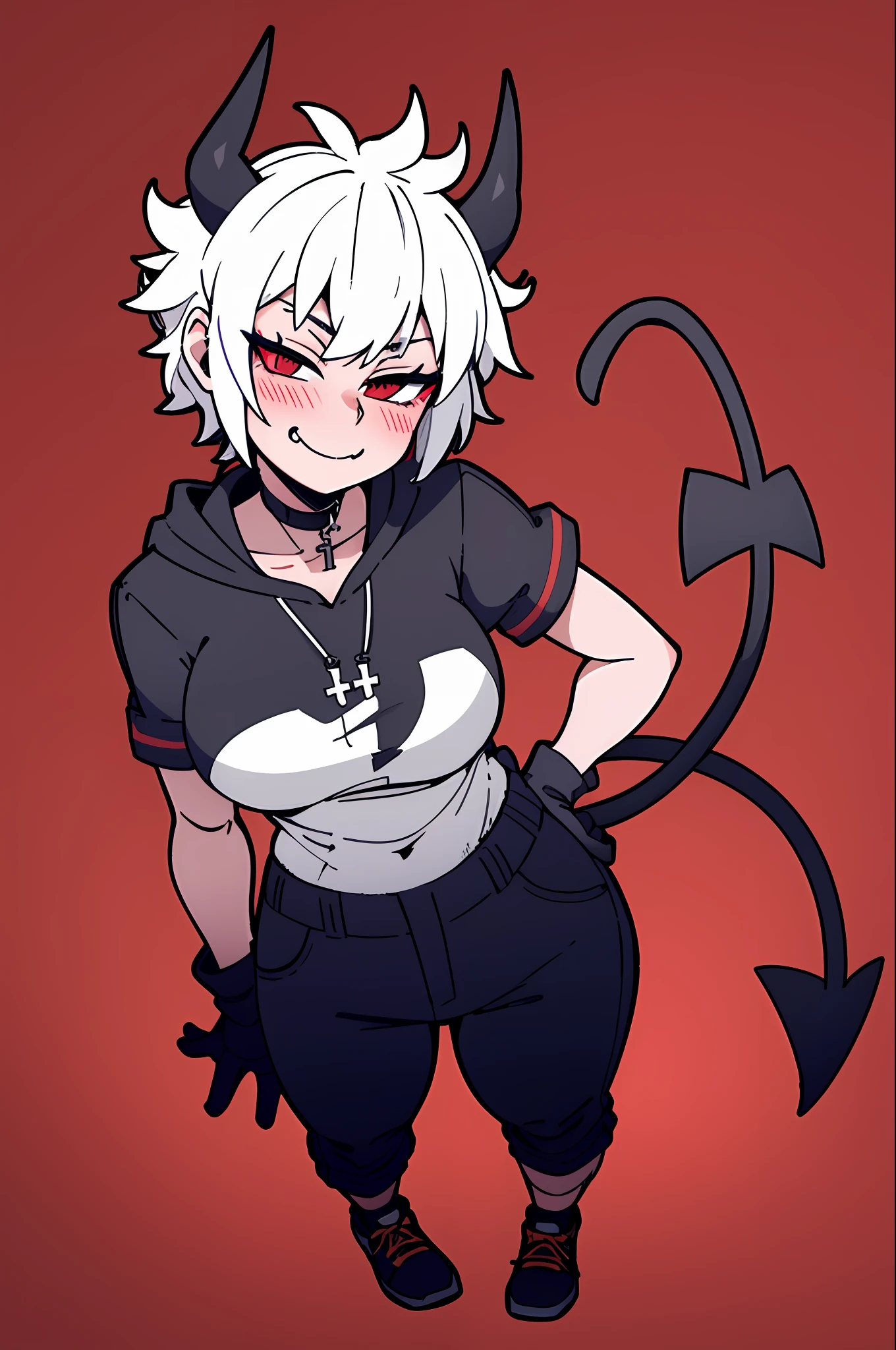 1girl, solo, short sleeve hoodie, black fingerless gloves, breasts, arms at sides, wide hips, blush, blushing, thick thighs, cross necklace, heart eyes, full body shot, horns on head, demon tail, black white and red outfit, red black and white background colors, suit pants, white hair, tomboy, tall, hands on hips, short hair, smirk, smug, sneakers, running shoes, rolled up pants, leaning over, baggy socks,