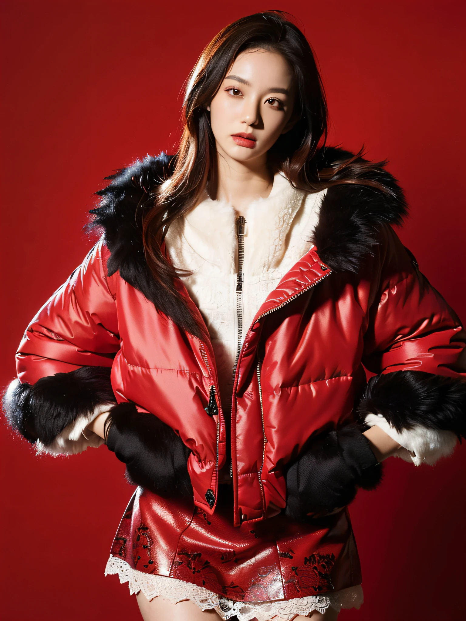 (masterpiece, top quality, best quality, ((standing in centre)), (1girl, red hair, upper body), ((wear an red oversize fur lace down jacket, lace skirt)), studio light, emotional face, extreme detailed, (red background), highest detailed.