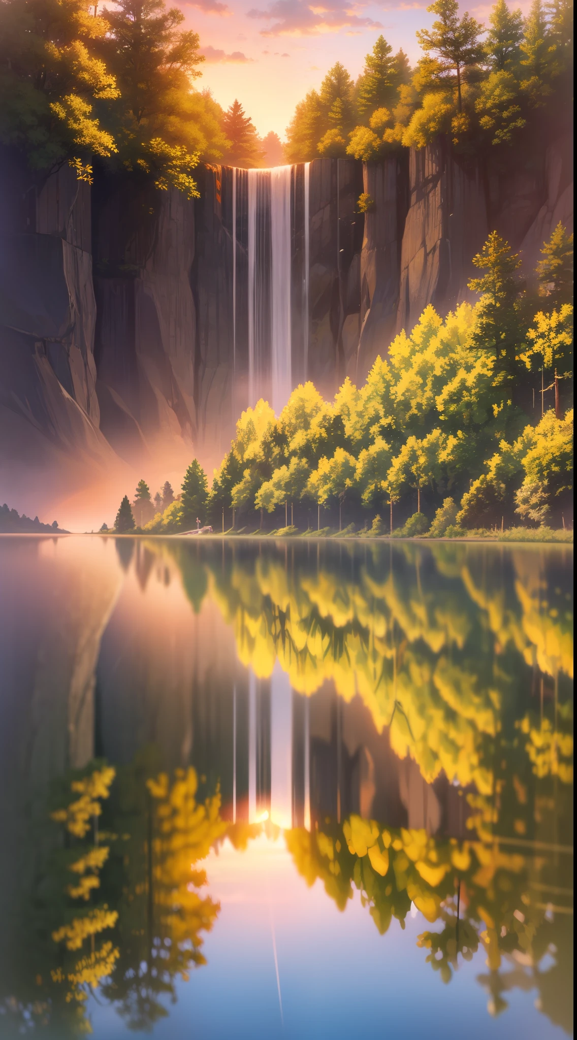 Potrait of a lake,Long potrait, super realistic, high quality, 8k,  lots of trees around, big water fall,  flying birds, swimming ducks, sunset
