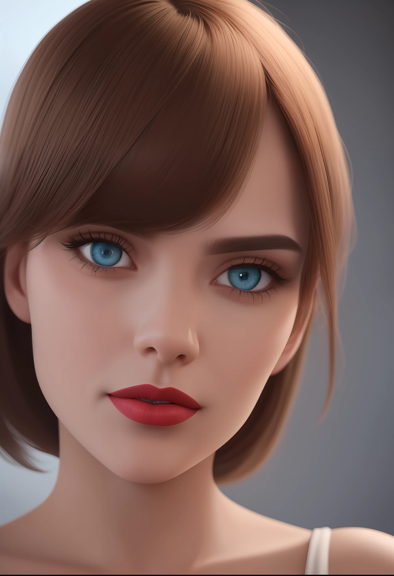 realistic light, red lipstick, black blouse, blue eyes, super realistic, beautiful, super realistic, facing forward, blue eyes, pretty, perfect face, no wrinkles, bright face, makeup, red lipstick, smooth skin, portrait painting, rosy cheeks, top model, painting hyper-detailed, head-only portrait, detailed, composite portrait, looking at camera, blurred, 16k, 3d rendering, octane rendering, intricate detail, 8k post-production, high resolution, incredibly realistic and detailed expressions, 8k UHD, artwork raw material, ultra fine details, --auto