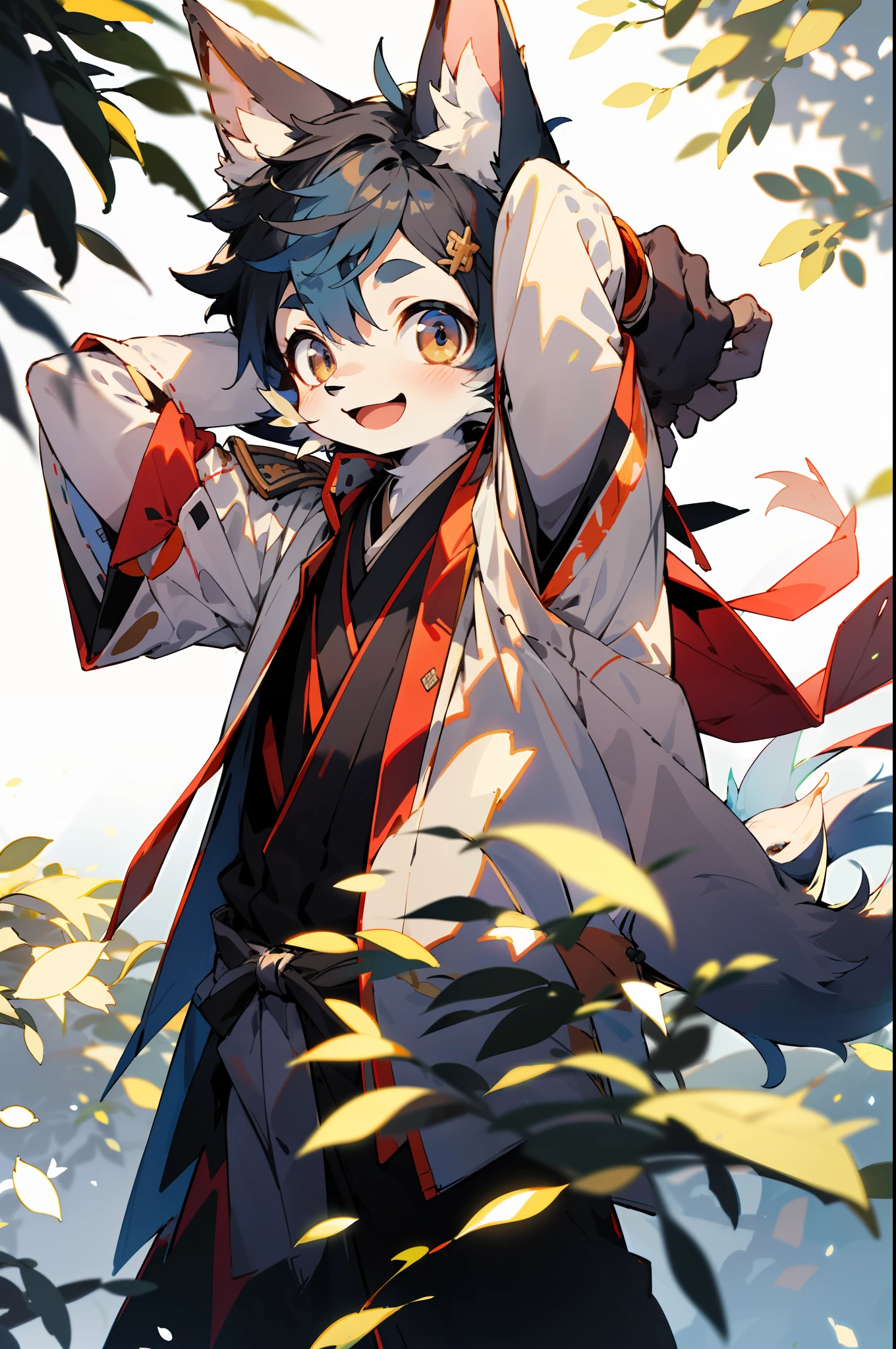 depth of ﬁeld，lighting perfect，light particules，（Best Quority），（masterpaintings），（hyper detailled），Sharp focus，light particules，niji，eyesgod，Blushlush，brown_eyes，looking_at_viewer，smile，solo，furry，animal_ear_fluff，open_clothes，Arms back，Upper body body，coattails，Japanese style costume，sun beam，The tree，opening his mouth，from from below，Arms back，Navy blue hair，White ears，Fuchsia eyes