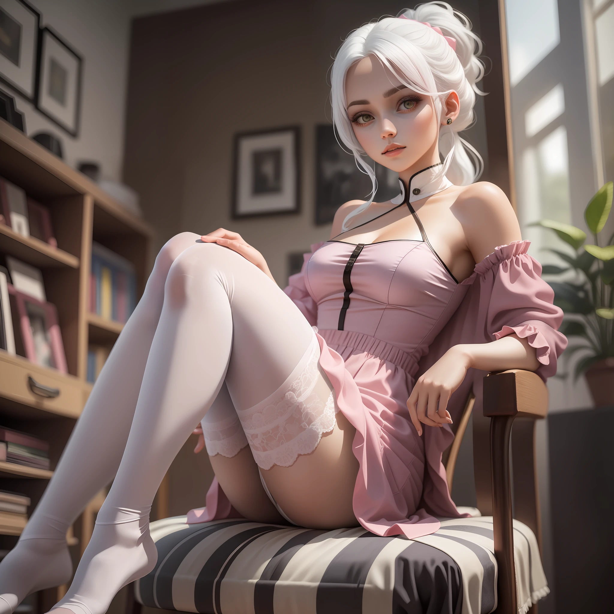 white hair, ponytail, UHD, masterpiece, best quality, 8k pink dress white pantyhose made on chair cute