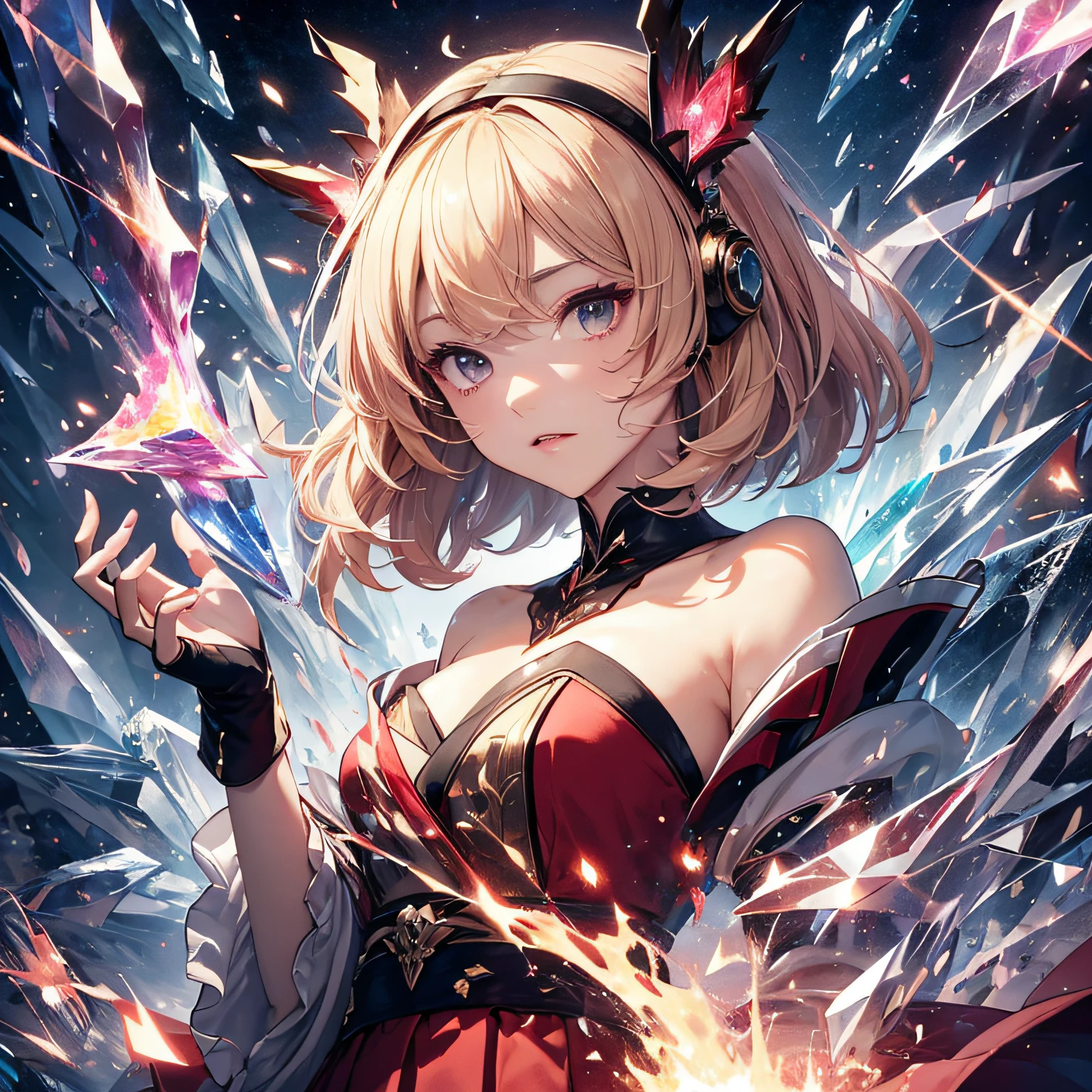 (巨作, beste-Qualit, supreme, Official art, Beautiful and aesthetically pleasing, long exposure time: 1.2), Smooth movement, Charming Patterns, 1人の女の子, (Long Skirt with Sleeves:1.3), Red dress, upper body close up, Strapless, japanaese girl, One Side Cut Layer Bob, blonde and pink hair, portraitures, 独奏, Upper body body, Staring at the observer, 细致背景, detailed faces, (Crystallized AI, Crystal Theme:1.1), Elemental Fire Sprite, Spinning Fire, Control Fire、Ruby clothing、Dynamic Poses、Floating Particles、Ether dynamics、firey、vapour、Lava in the background、Red tones、vulkan、Ethereal Atmosphere、