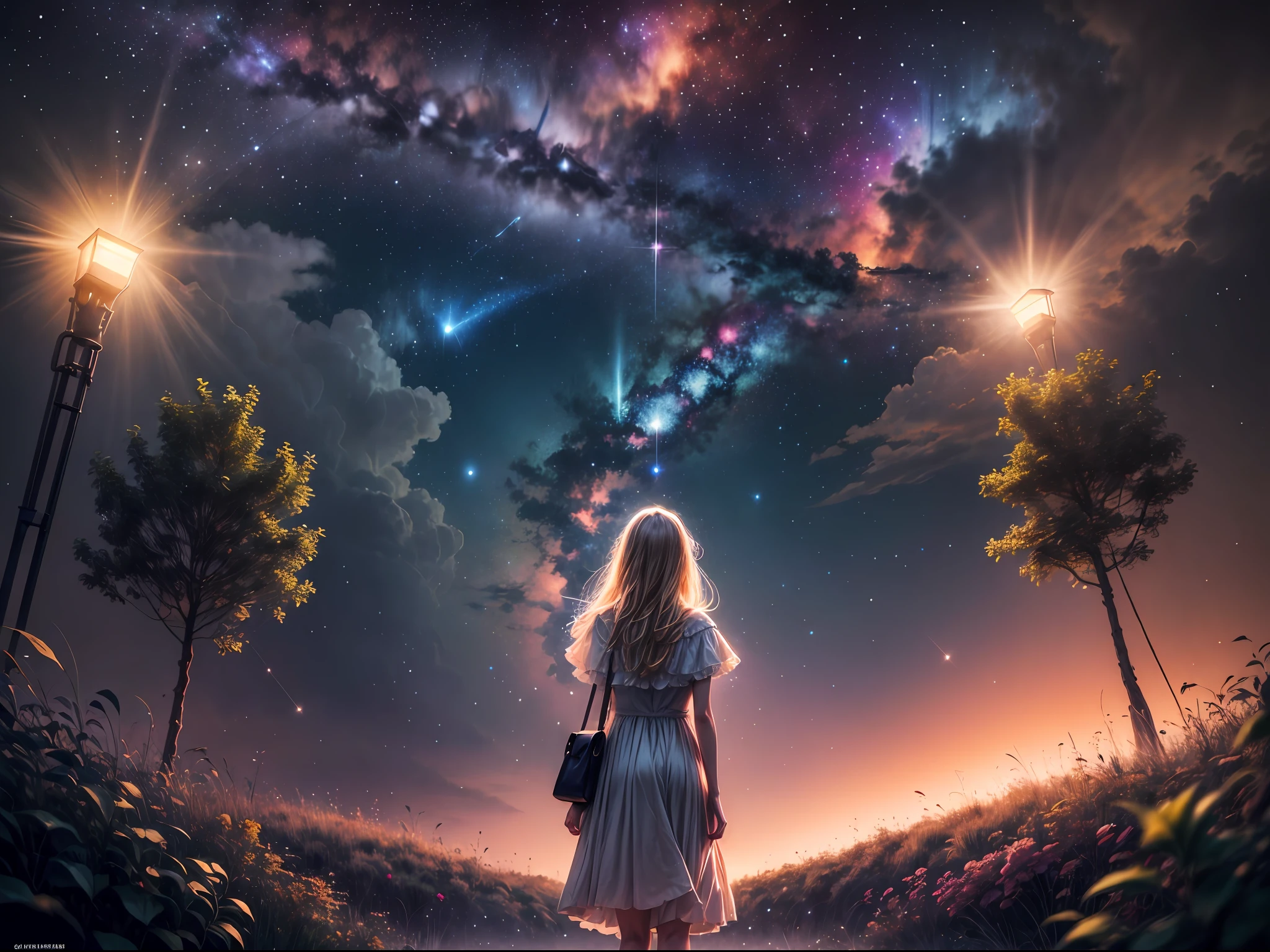(masterpiece, high resolution, enchanting:1.3), A photo taken from behind a blonde girl in an urban park. It is nighttime, and the sky is adorned with stars and galaxies. The only source of light is from the celestial heavens, casting a soft and ethereal glow. The girl stands amidst the park, her silhouette illuminated against the backdrop of the cosmic sky. The photo captures the tranquility and wonder of the moment, as she becomes immersed in the enchanting beauty of the starlit night.