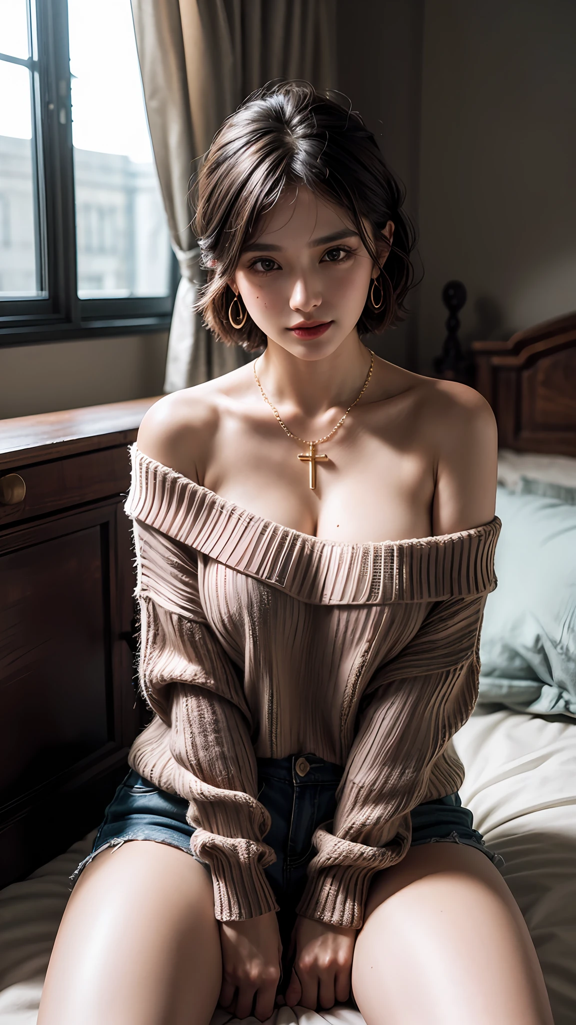 (short hair woman), (off-shoulder sweater, oversized sweater), (hiden short pants), (cross-legged sitting, hands lying on thighs), on bed, medium breasts, deep cleavage, best quality, masterpiece, illustration, very delicate and beautiful, very detailed skin, CG, Unity, 8K wallpapers, amazing, fine detail, highly detailed CG Unity 8K wallpapers, huge file size, high resolution, handsome detailed woman, very detailed eyes and face, Stunning detailed eyes, light on the face, (Best illustration: 1.1), (best shadow: 1.1), ultra high resolution, (photorealistic: 1.1), (photorealistic 1.2:1.1), realistic face proportions,slim,smile,(fluffy black eyes: 1.21), black eyes, looking at the viewer, dark brown hair, earrings, necklaces, hairpins, full body shots, (irregular skin imperfections,veins,moles,skin wrinkles,pores: 1.2), (dark night background: 1.2), (bokeh: 1.4),