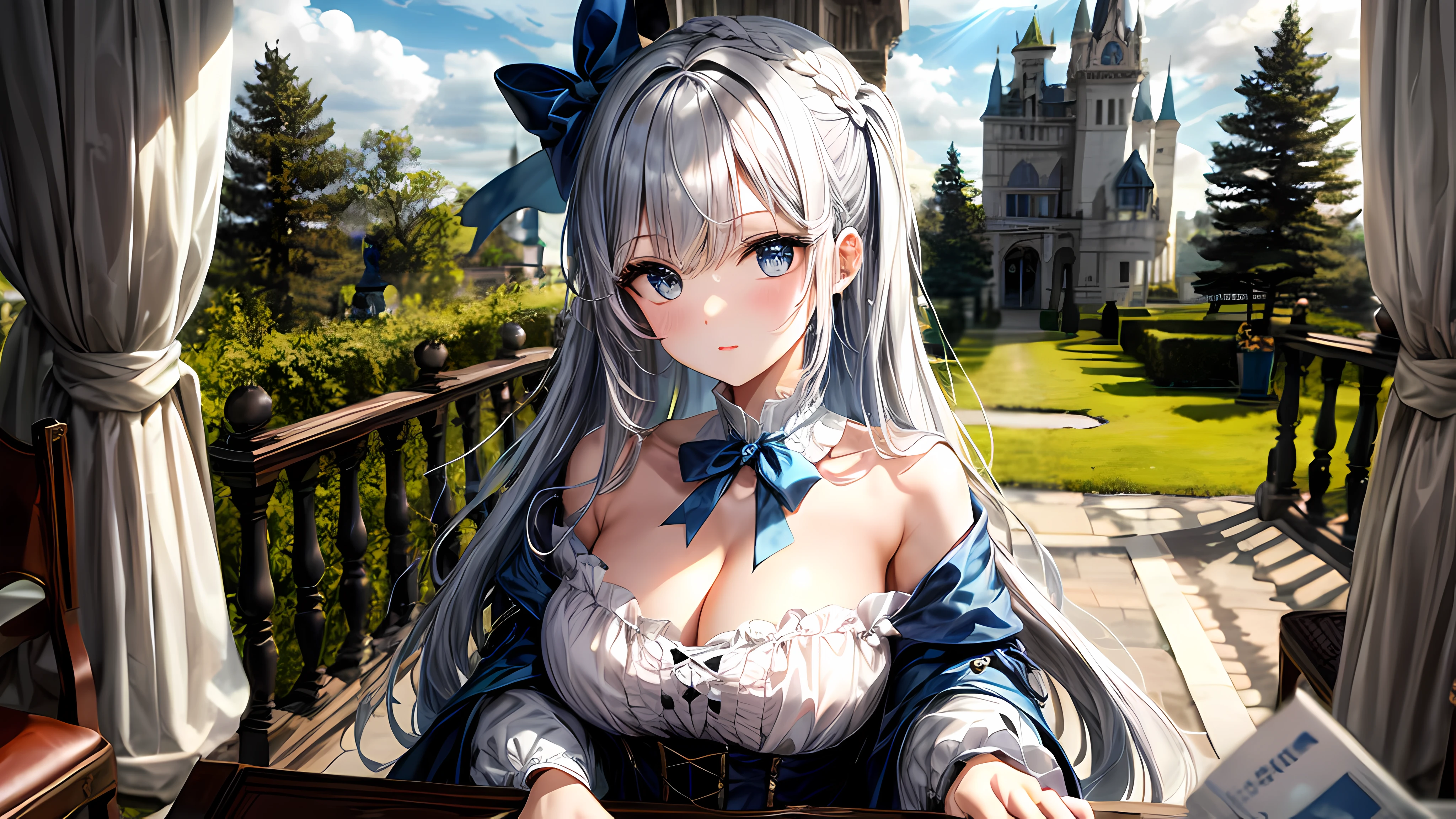 superdetailed， optimal quality， high resolucion， （1girl huge large breasts：1.2）， bangss， blue eyess， Bow， collar bone， White Victorian dress， The can be seen_Through_Hair， florals， Long_Hair， Looking_At_peeping at the viewer， parted_Lips， 独奏，Hair， ringlets， Cleavage small breasts， with silver hair， Victorian castle， skies， cloudy skies， sun beam， Upper body body， Close up of，chairs