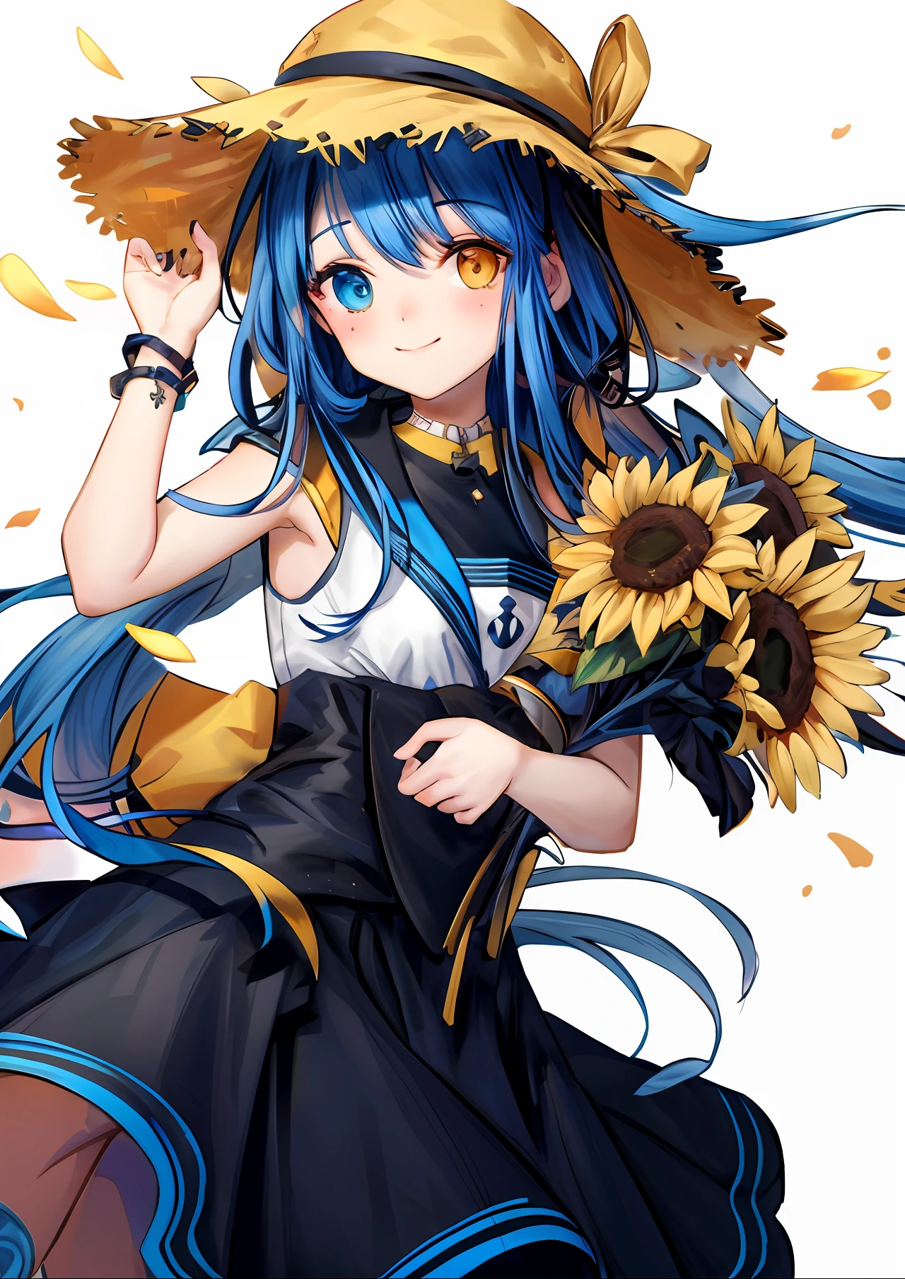 a drawing of a girl with a hat and flowers, perfect lineart, beautiful sunflower anime girl, clean anime outlines, clean lineart, thick black lineart, beautiful line art, line art!!, thick lineart, simple lineart, lineart, line art colouring page, anime girl with long hair, heavy lineart, extremely fine ink lineart, blue hair, halo, mole under eye, longeyelashes, heterochromia, light smile, high detail, depth of field, UHD, best quality