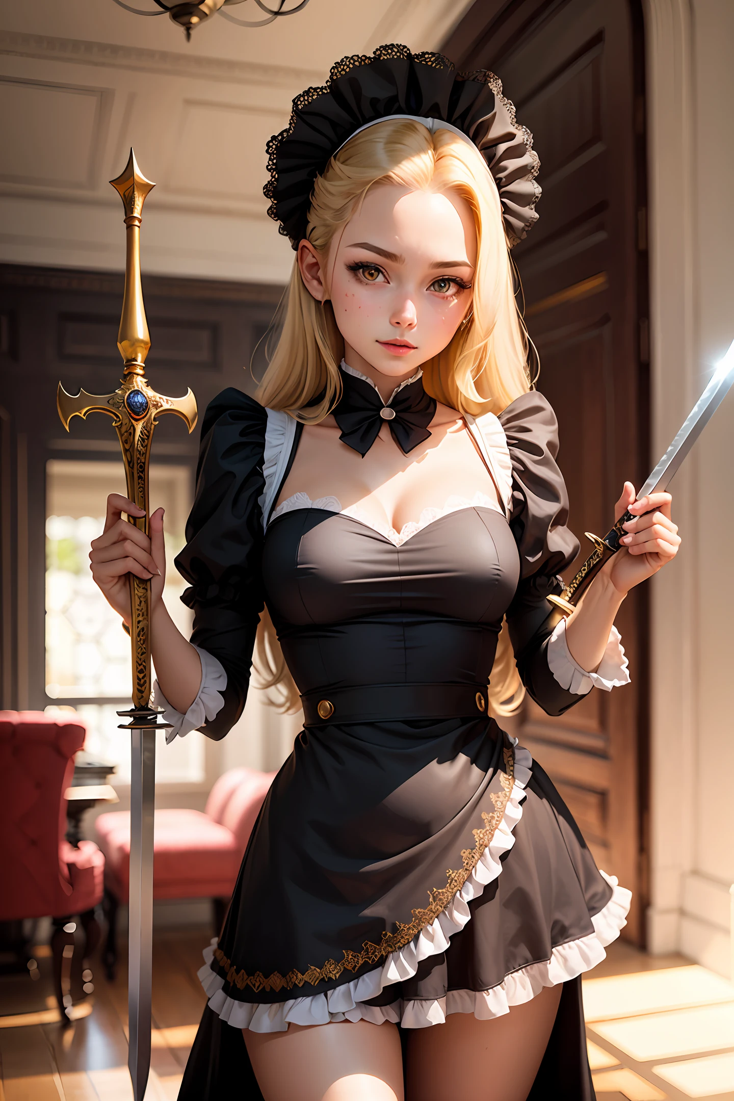 a girl,goldenhair,red - eyed,animel,the maid outfit,One-handed sword,Need,Beautie,flatchest