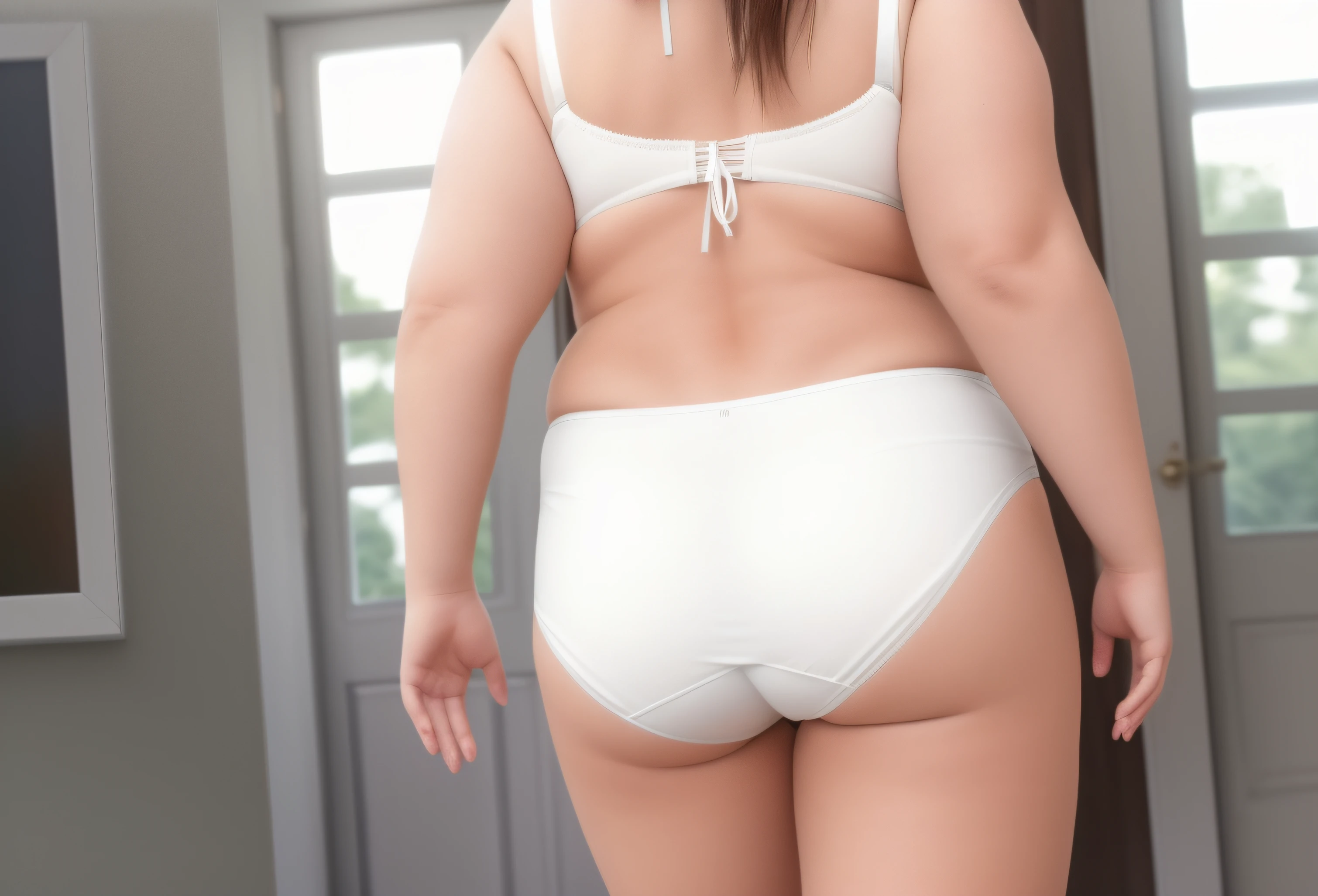 Plus-sized Caucasian woman, in big white panties, and white bra, back shot, big butt, crop shot, walking around home, photo realistic, intricate details