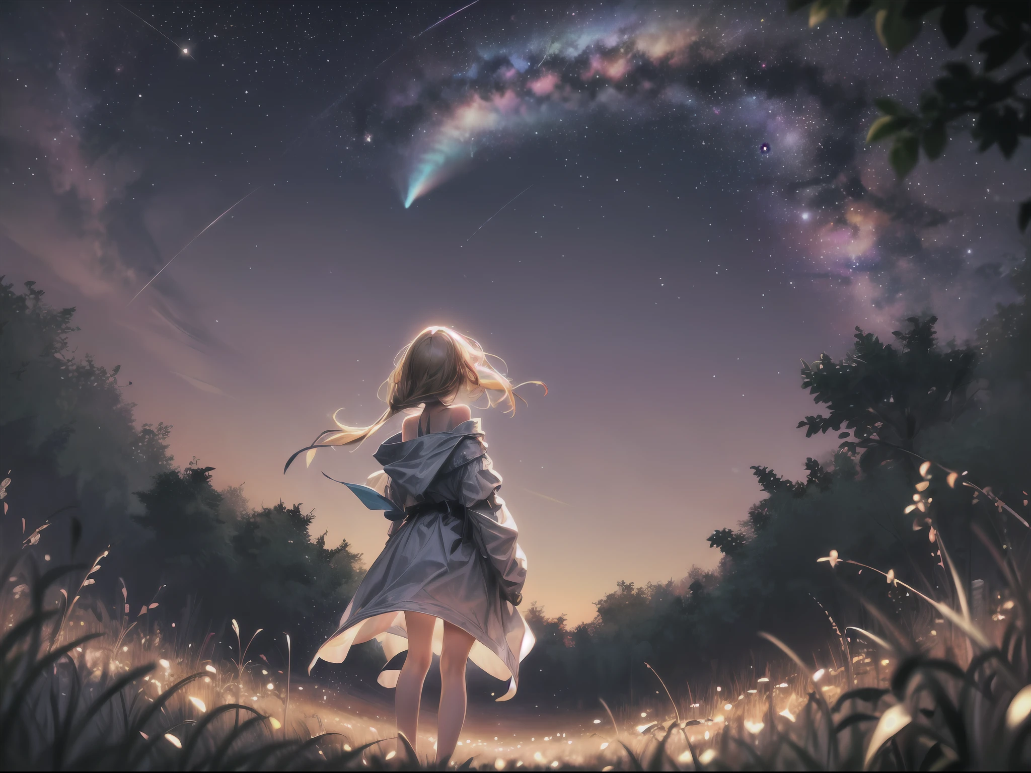 (masterpiece, high resolution, enchanting:1.3), A photo taken from behind a blonde girl in an urban park. It is nighttime, and the sky is adorned with stars and galaxies. The only source of light is from the celestial heavens, casting a soft and ethereal glow. The girl stands amidst the park, her silhouette illuminated against the backdrop of the cosmic sky. The photo captures the tranquility and wonder of the moment, as she becomes immersed in the enchanting beauty of the starlit night.