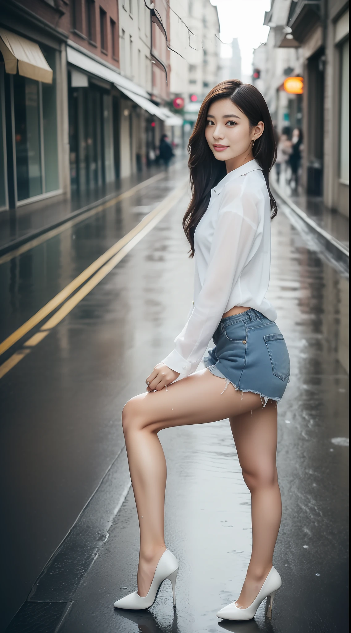 ((beste-Qualit、8K、巨作:1.3))、sharp foc:1.2、A beautiful woman with perfect body:1.4、Detailed and very beautiful face、(White shirt wet by rain)、(rainny、a street:1.2)、Wet Body:1.1、body complet、Denim Short、((high heals))、(((Beautiful leg line beauty:1.2)))
