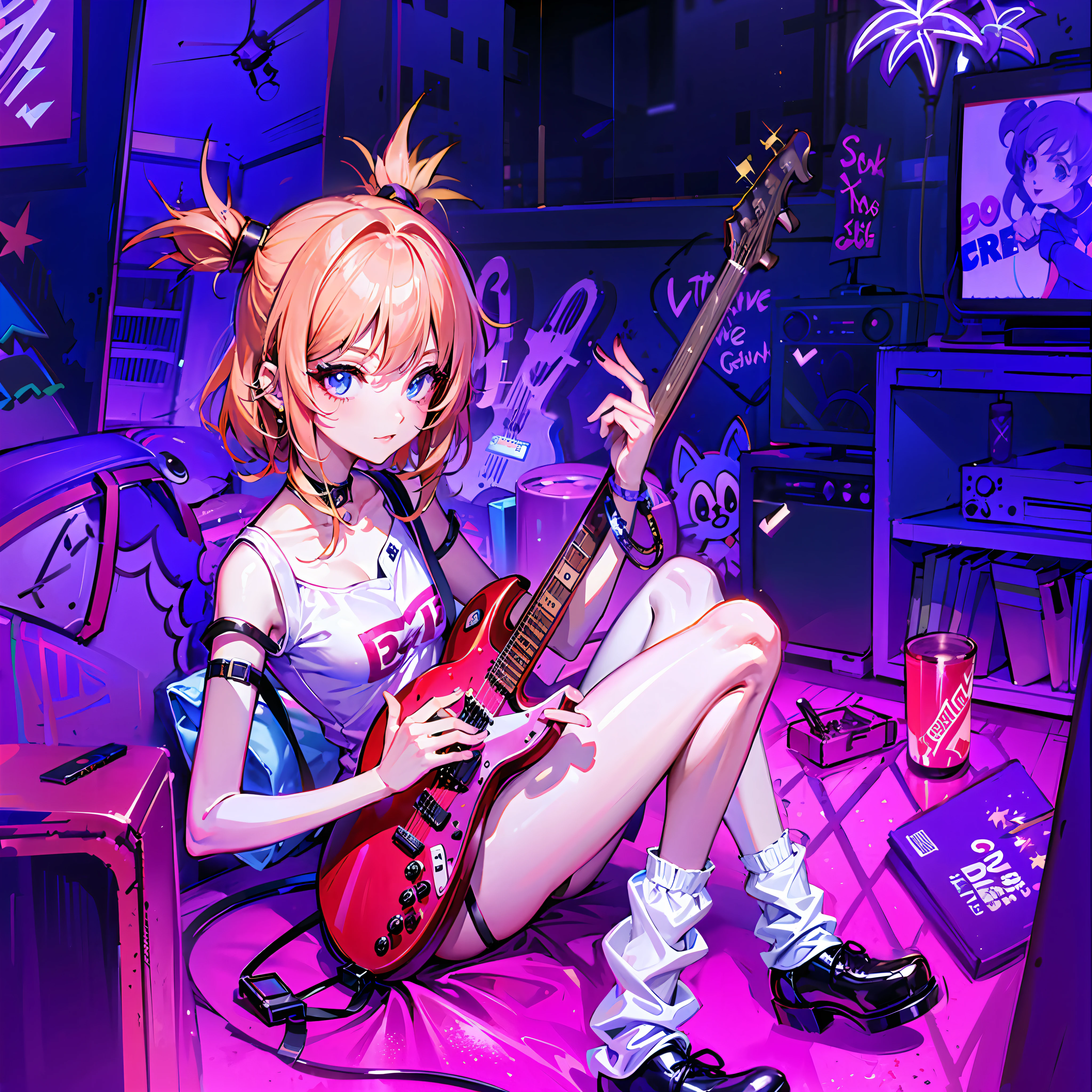 anime girl with guitar in a messy room with a tv, 8 0 s anime vibe, in the art style of 8 0 s anime, Improvise music, 8 0 s anime style, 8 0 s anime art style, rocking out, low res, 90's anime style, 9 0 s anime style, anime vibes, Double ponytail blast-headed girl, ear studs, Punk girl, messy rooms, Normal limb proportions, Stack socks