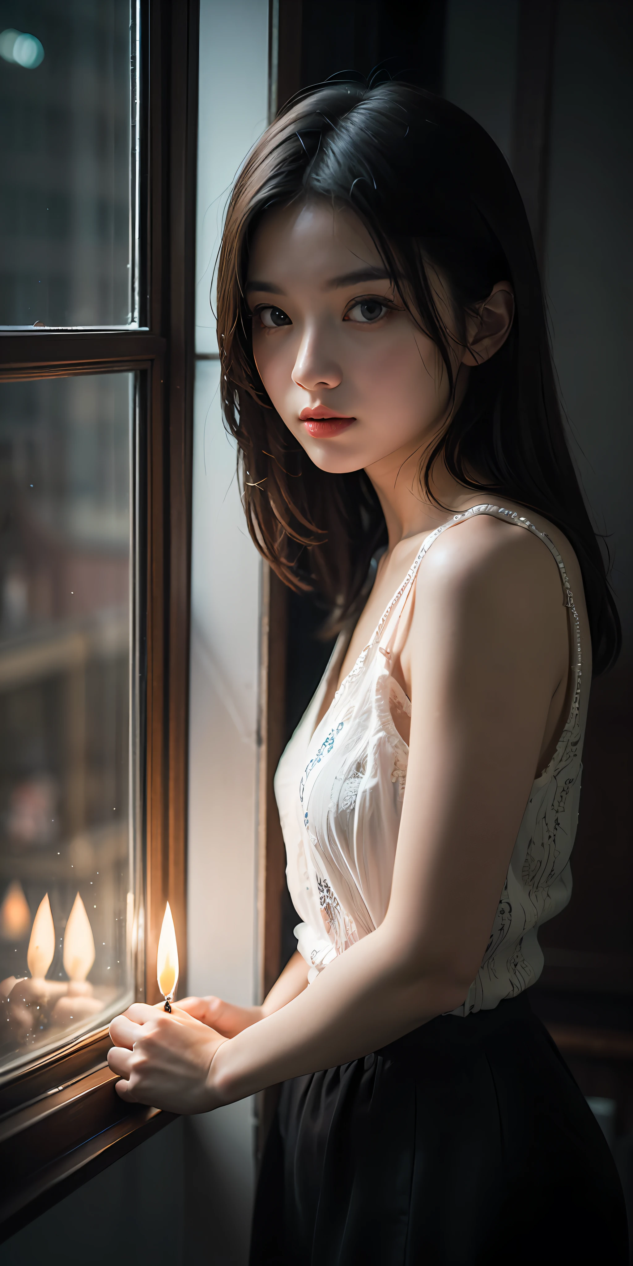 (ultra-detailed CG artwork, masterpiece, best quality),(photorealistic illumination and shadowing, trend-setting Artwork),(a beautiful girl with a small candle looking through window at night),(dark room:1.1, dynamic pose),(window frame detail, narrow depth of field:1.2, night scene:1.1).