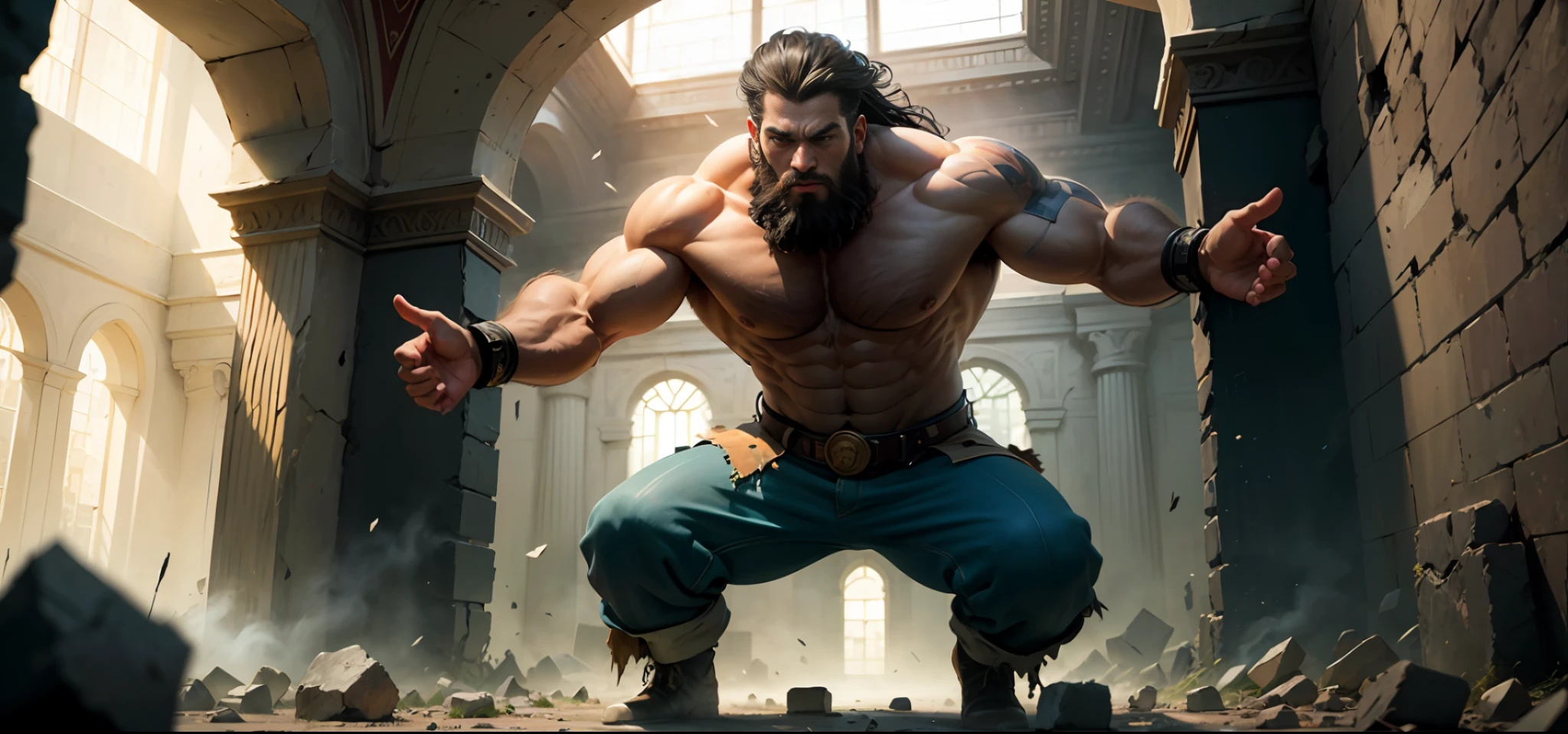 The oil painting depicts Samson, a biblical character, em uma cena impressionante e poderosa. Samson is positioned between two destroyed wall columns, symbolizing their strength and impending doom. The scene is illuminated by rays of sunshine that pierce through the cracks of the walls, creating a striking contrast with the surrounding darkness.
Samson, with his imposing figure and sculpted muscles, Raise your mighty arms, demonstrating his incredible physical strength. Seu longo, loose hair dances in the air, representing your connection to divinity. His gaze is determined and fierce, demonstrating their determination to fulfill their destiny.
The surrounding walls are in ruins, with broken stones and debris strewn across the ground. The environment seems chaotic, as if the structure itself was giving way under Samson's formidable force. The details of the cracks and stone fragments emphasize the magnitude of Samson's destructive power.
The painting conveys a sense of intense and impending energy. Samson's imposing posture among the shattered columns reveals his connection to impending doom. The light of the sun's rays that pass through the cracks of the walls underscores its importance and central role in this moment of great significance.
Through this work, the painting captures the essence of Samson's story, emphasizing its outsized strength and its role as a divine instrument of justice and revenge. The image conveys a sense of power and triumph, while evoking a sense of impending tragedy, for Samson is aware of the consequences of his actions. --auto