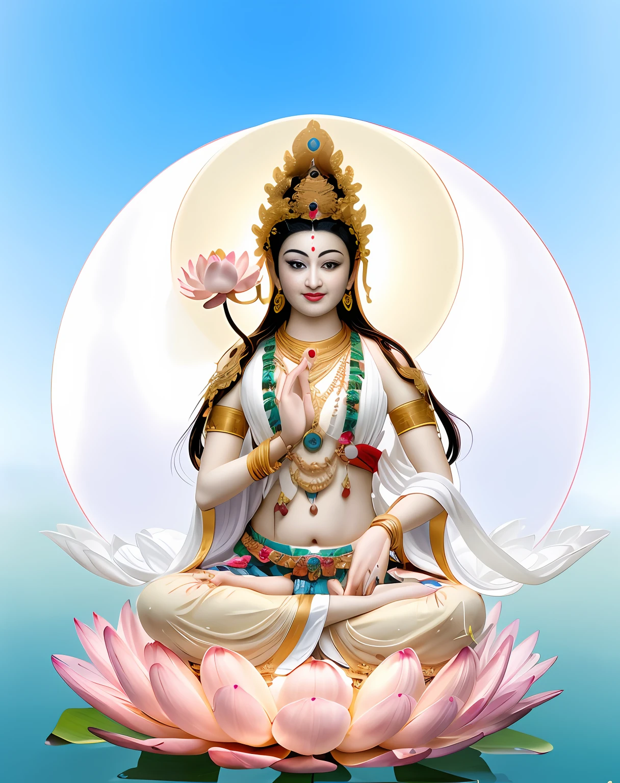 masterpaintings，Ultra-high sharpness，A beautiful bodhisattva dressed in white sits on a lotus flower，Hold flowers in your left hand，The right hand shows the palm of the hand，Beautiful big eyes looking at the audience，Bodhisattva in white，All clothing decoration is white silk，（（（white  clothes）））），The background has colored round light，The blue sky is cloudless，The background is clean and bright，The picture is pure and clean，Goddess of Light, IG model | Art germ, beautiful celestial mage, a beautiful fantasy empress,