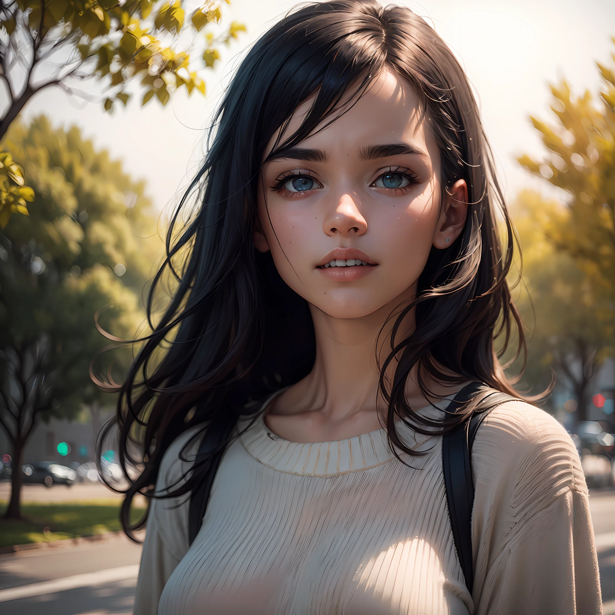 wearing (sweater), portrait, beautiful face, pretty eyes, outside, portrait, park, trees, teeth, eyes open, ward winning photo, best quality, upper body, Hannahowo, windblown black hair, by lee jeffries nikon d850 film stock photograph 4 kodak 400 camera f1.6 lens rich colors hyper realistic lifelike texture natural lighting unreal engine trending on artstation cinestill 800, (100mm lens) --auto