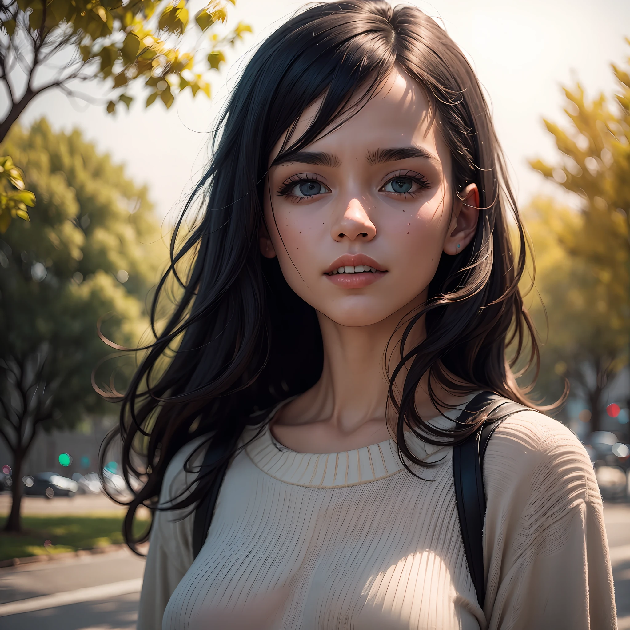 wearing (sweater), portrait, beautiful face, pretty eyes, outside, portrait, park, trees, teeth, eyes open, ward winning photo, best quality, upper body, Hannahowo, windblown black hair, by lee jeffries nikon d850 film stock photograph 4 kodak 400 camera f1.6 lens rich colors hyper realistic lifelike texture natural lighting unreal engine trending on artstation cinestill 800, (100mm lens) --auto