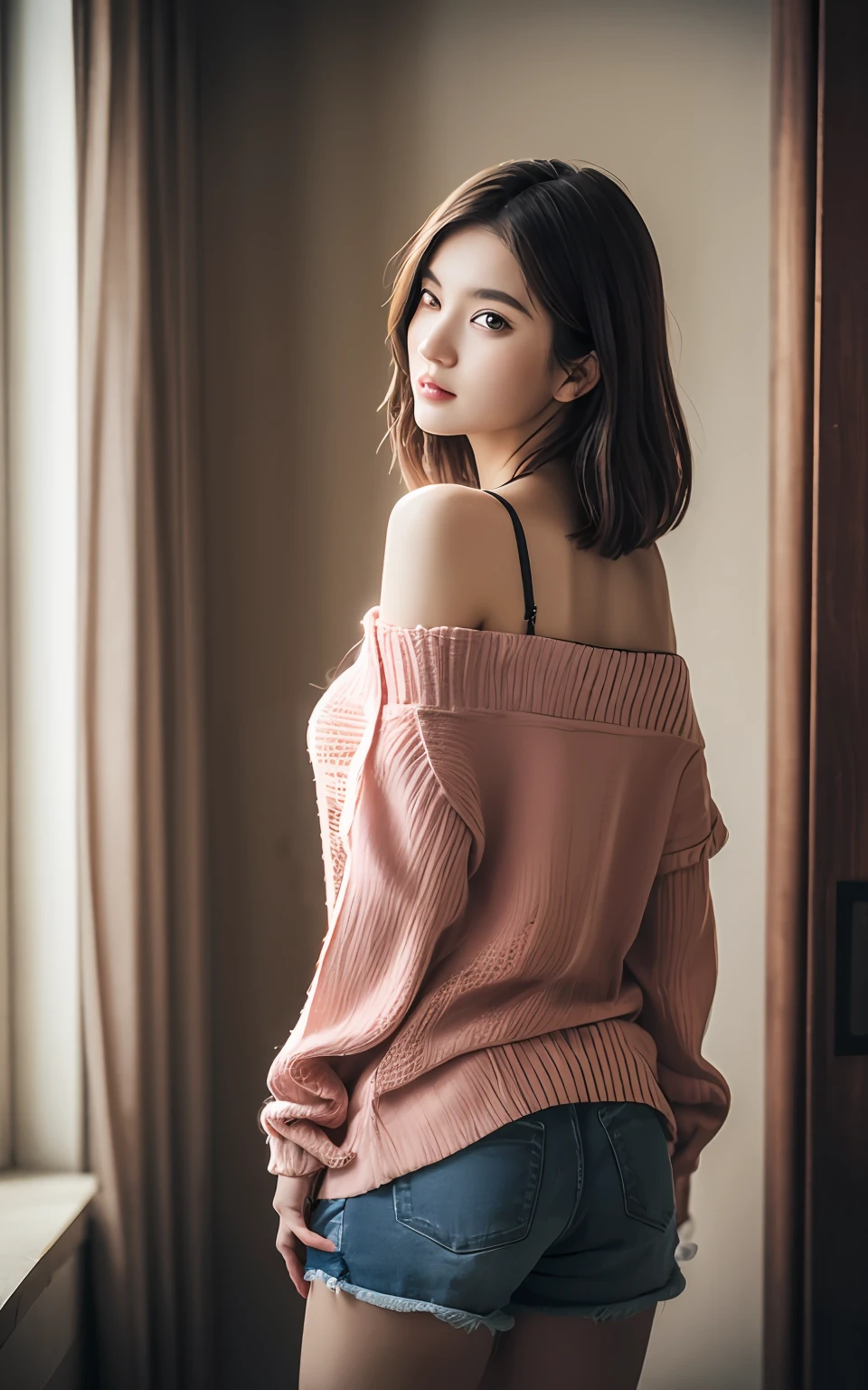 Highly detailed CG Unity 8K wallpaper, with the highest quality, super detailed, Master Piece, Realistic, photo realistic, extremely detailed cute girl, 25 years old, blush,, Round eyes, medium breasts, looking viewer, Half body shot ,off-shoulder sweater, shorts, room , back view , ass shot, short hair