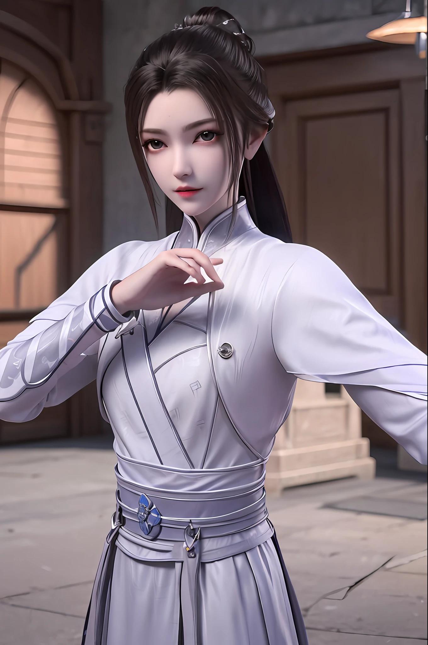 (bestquality、A masterpie:1.2)、Ultra High Res、lifelike、Front lighting、with intricate details、Exquisite details and textures、1 Mature Mature Girl(Rose)、solo、、、(young、Absolutely cute、)、Facial Highlights、fulllllbody、Detailed face、White Skin、Silver hair、ponytails、Braid hair、Watch your audience、s big eyes、Silk robes、(Hollow pattern、white,、silk)、ear ring、tiny breasts、Slim body、Luxurious room、professional Lighting、Photon mapping、 Radiosity、physically based rendering、(pull up skirt、White lace panties visible)、