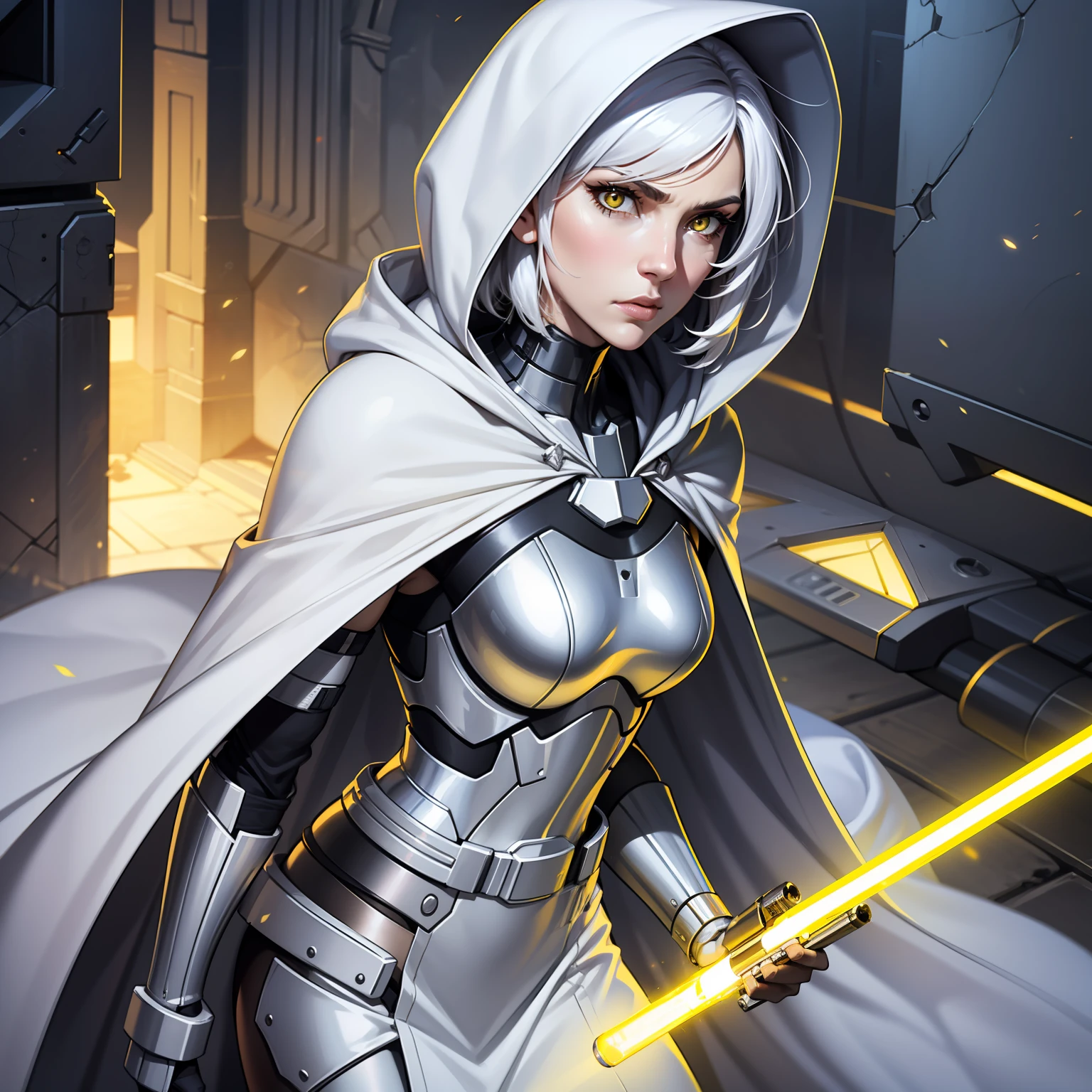 Yellow lightsaber in hand, short hair, concentrated face, combat attire, white hair, yellow eyes, white metal armor, android, human appearance, adult female, dress cape, hooded robe