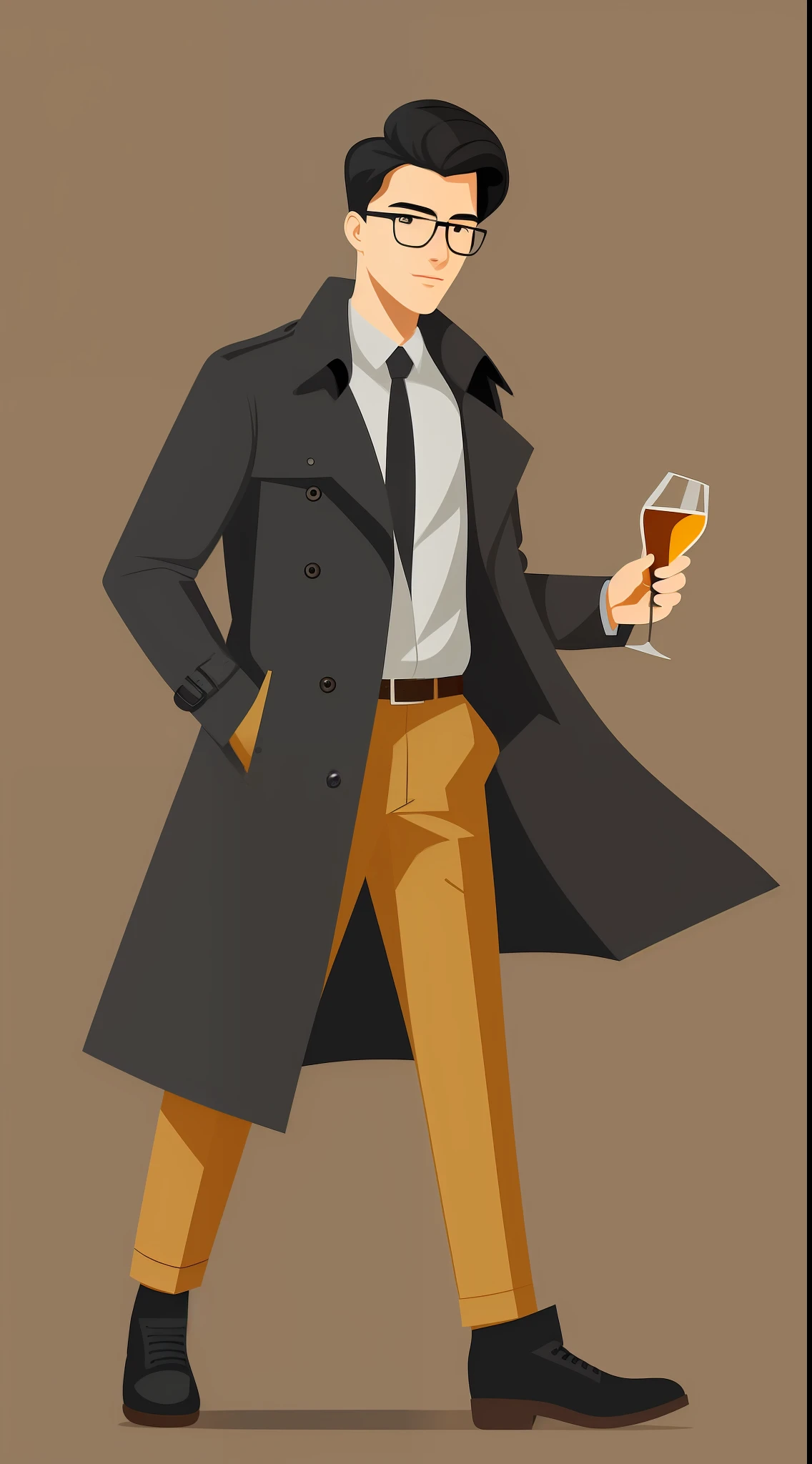 minimum Illustration of black hair young man with trench coat and Wellington glasses holding whiskey drawn in a flat design