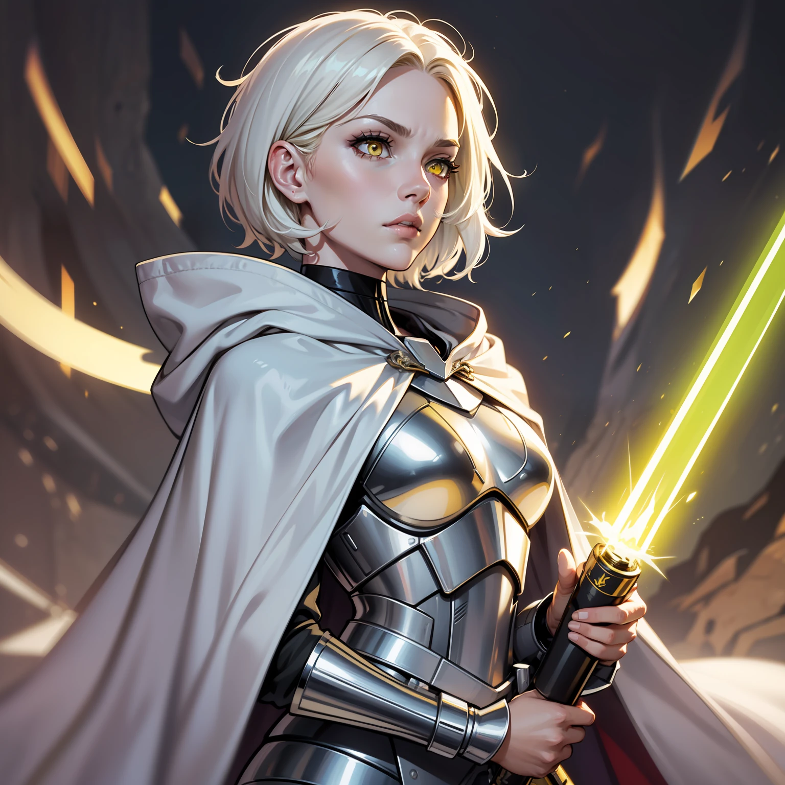 Yellow lightsaber in hand, short hair, concentrated face, combat attire, white hair, yellow eyes, white metal armor, android, human appearance, adult female, dress cape, hooded robe