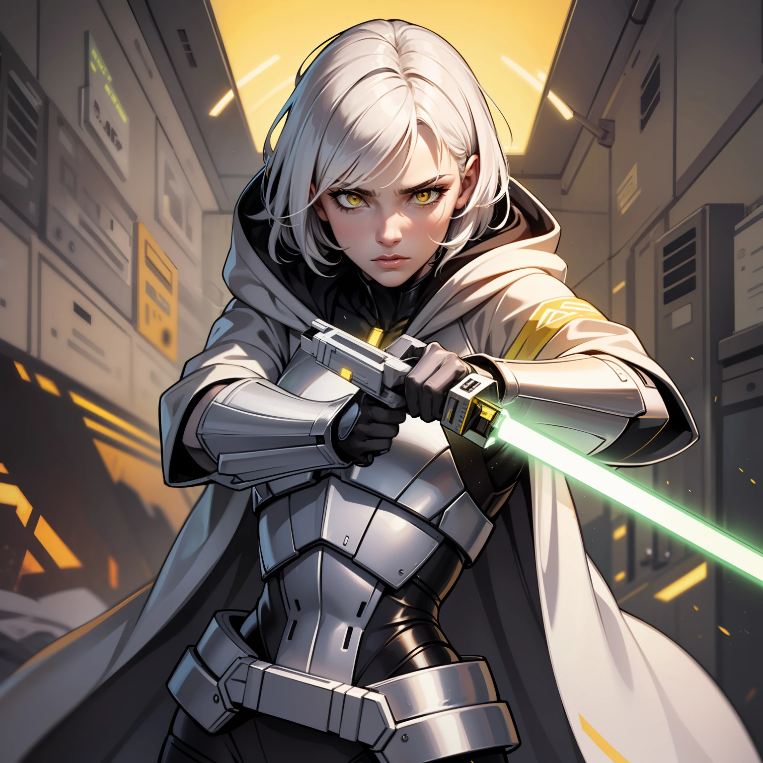 Yellow lightsaber in hand, short hair, concentrated face, combat attire, white hair, yellow eyes, white metal armor, android, human appearance, adult female, hooded robe