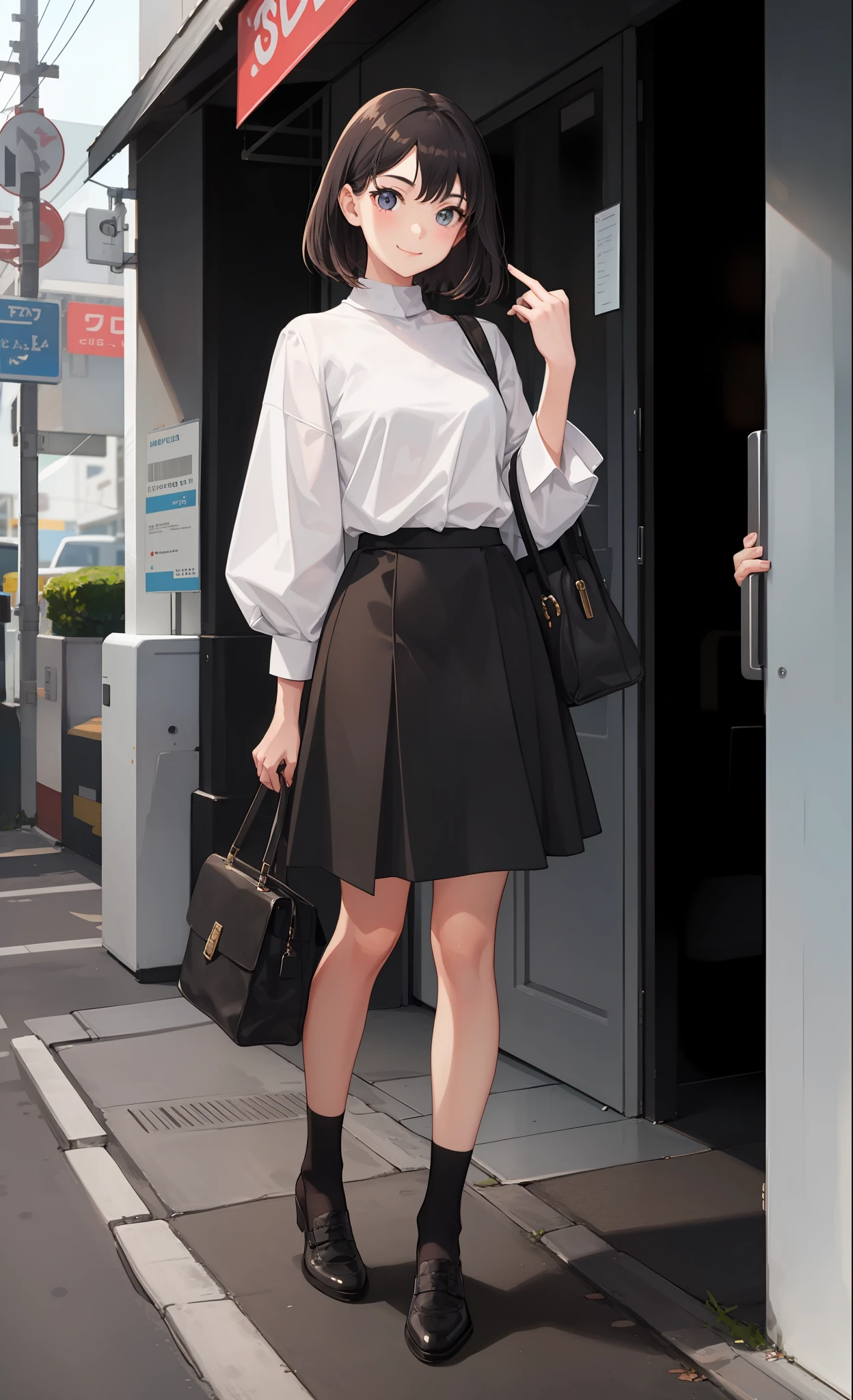 1 girl, smile, shirt, skirt, (small) chiralism,