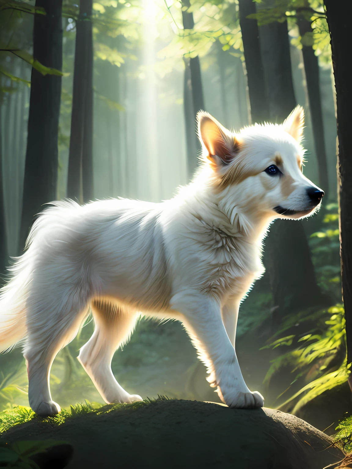 Close-up photo of a very cute jumping side herding puppy in the forest，Soft volumetric light，（The light from the back window is backlighted：1.3），（films：1.2），Complicated details，（ArtStation：1.3），Rutkowski